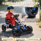Mėlynas pedalinis kartingas iš šono su naudojimo pagal dangą schema: asfaltas, čerpės, betonas