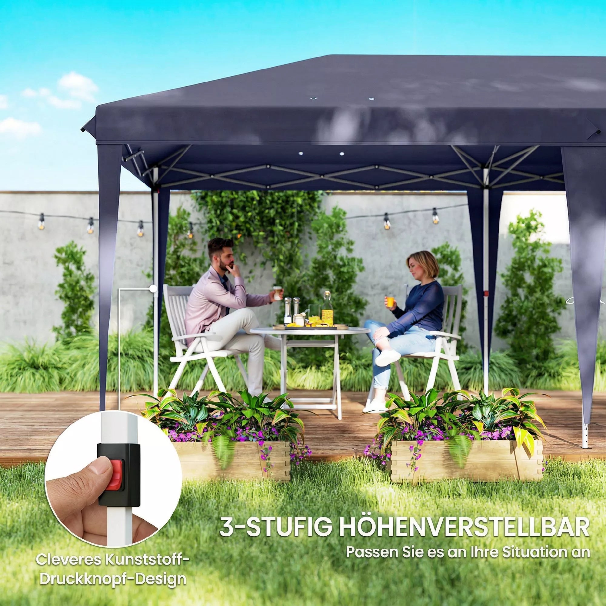 Sulankstomas paviljonas 6 x 3 m, nuimamos šoninės sienos, dideli langai, užtrauktukinės durys, plieninis rėmas, mėlynos spalvos