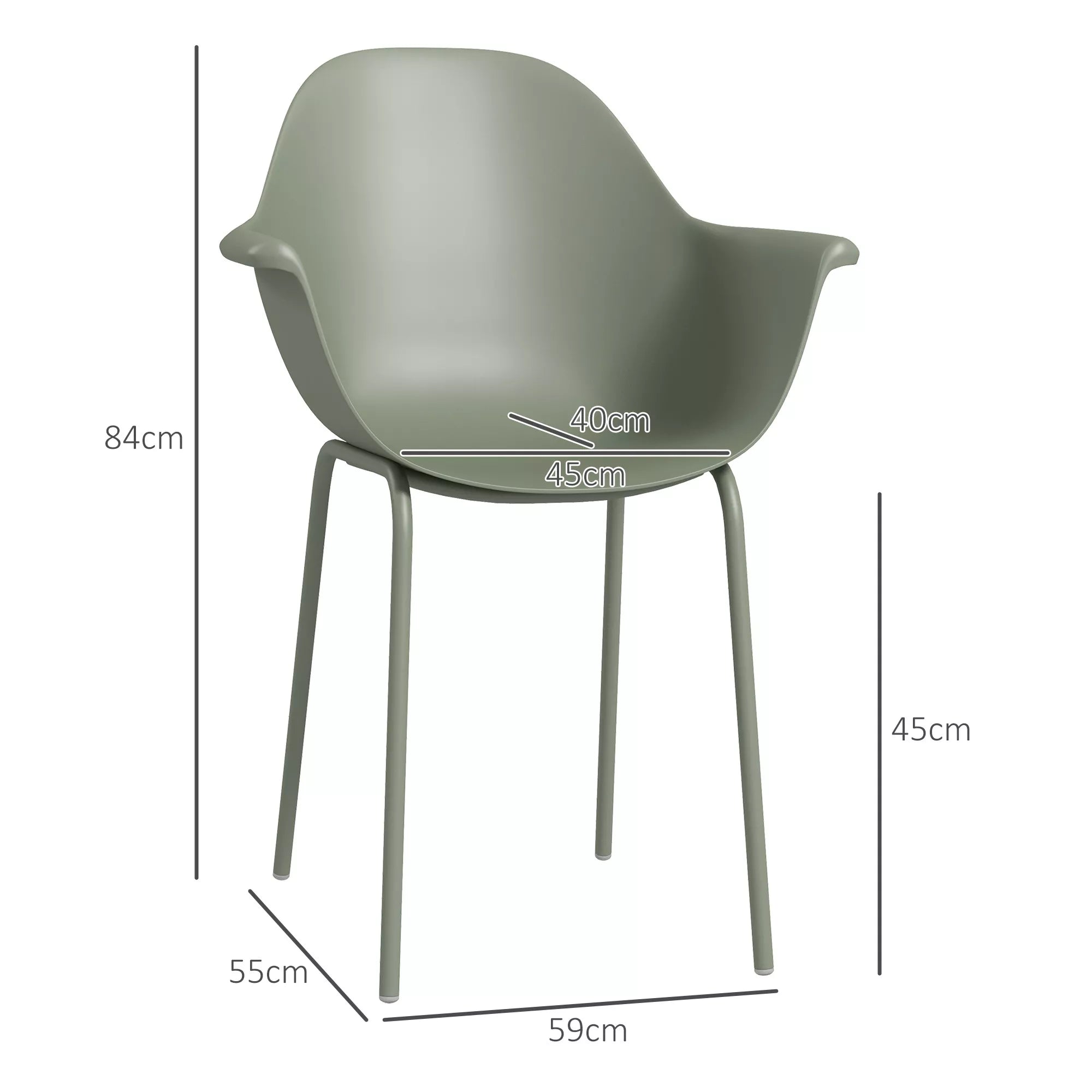 Sodo kėdžių rinkinys (4 vnt.), su atlošu/porankiais, atsparus atmosferos poveikiui, iki 120 kg, plastikas/metalas, žalias
