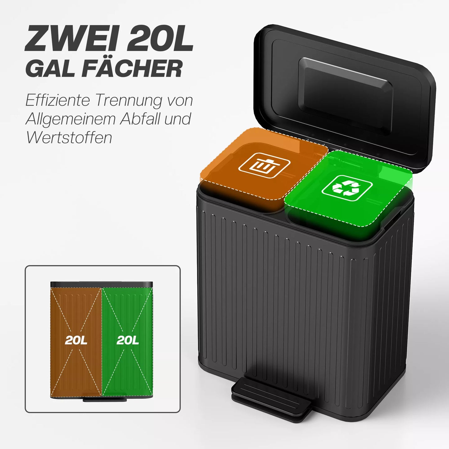 Virtuvės šiukšliadėžė, 2 x 20 l skyriai, efektyvus atliekų rūšiavimas, pėdos pedalas, plastikas, metalas, juoda spalva