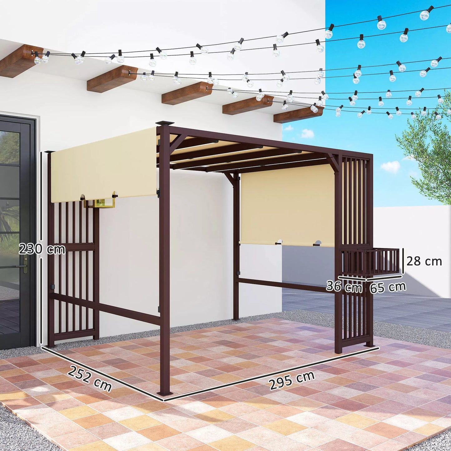 Pergola Paviljonas 3x2,5m, UV 30+, stabilus, atsparus žiemai, apsauga nuo saulės su reguliuojamu stumdomu stogu, tamsiai rudas