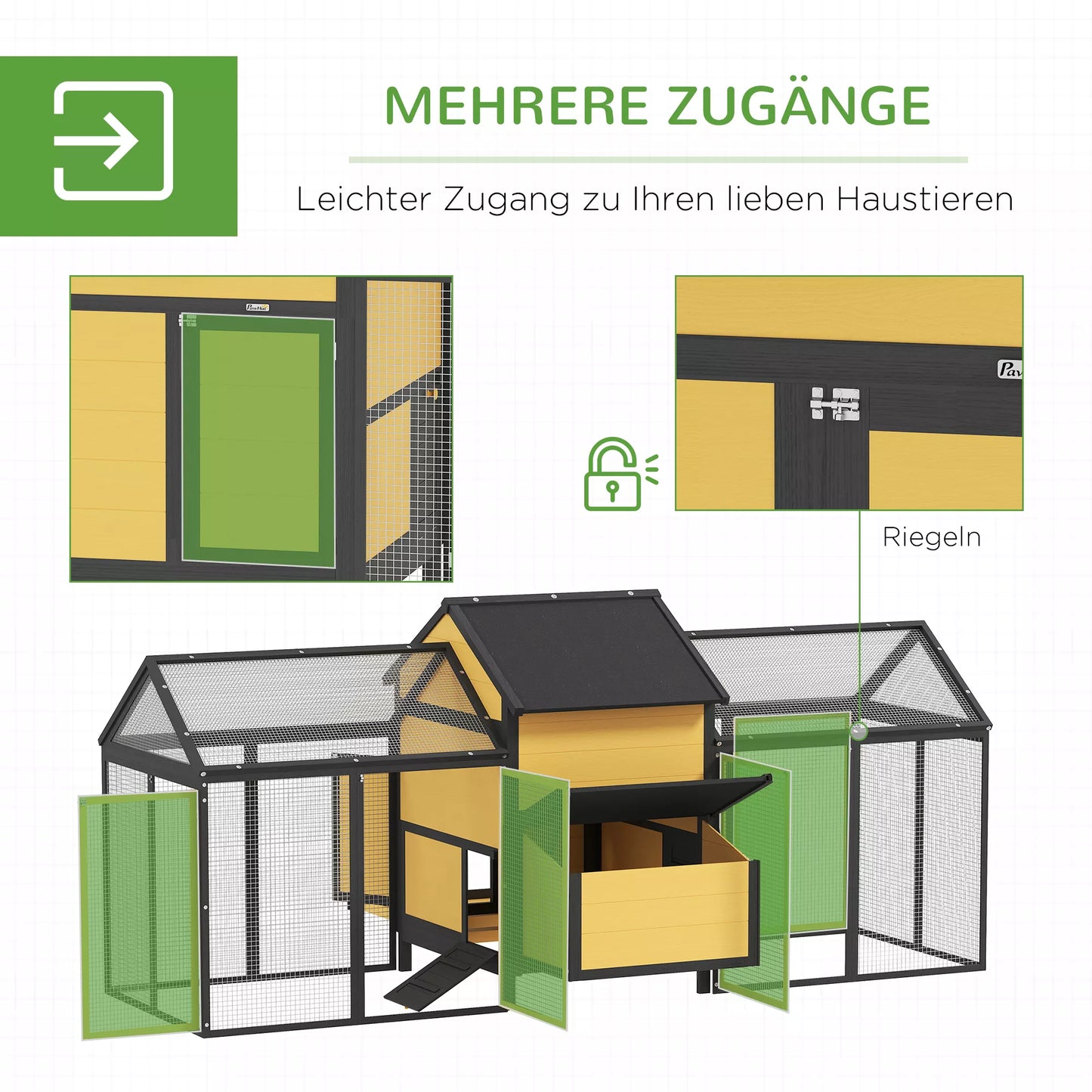 Vištidė smulkių gyvūnų aptvaras, 2 lauko aptvarai, 1 lizdavietė, 2 rampos, asfaltinis stogas, atsparus oro sąlygoms, geltonos spalvos