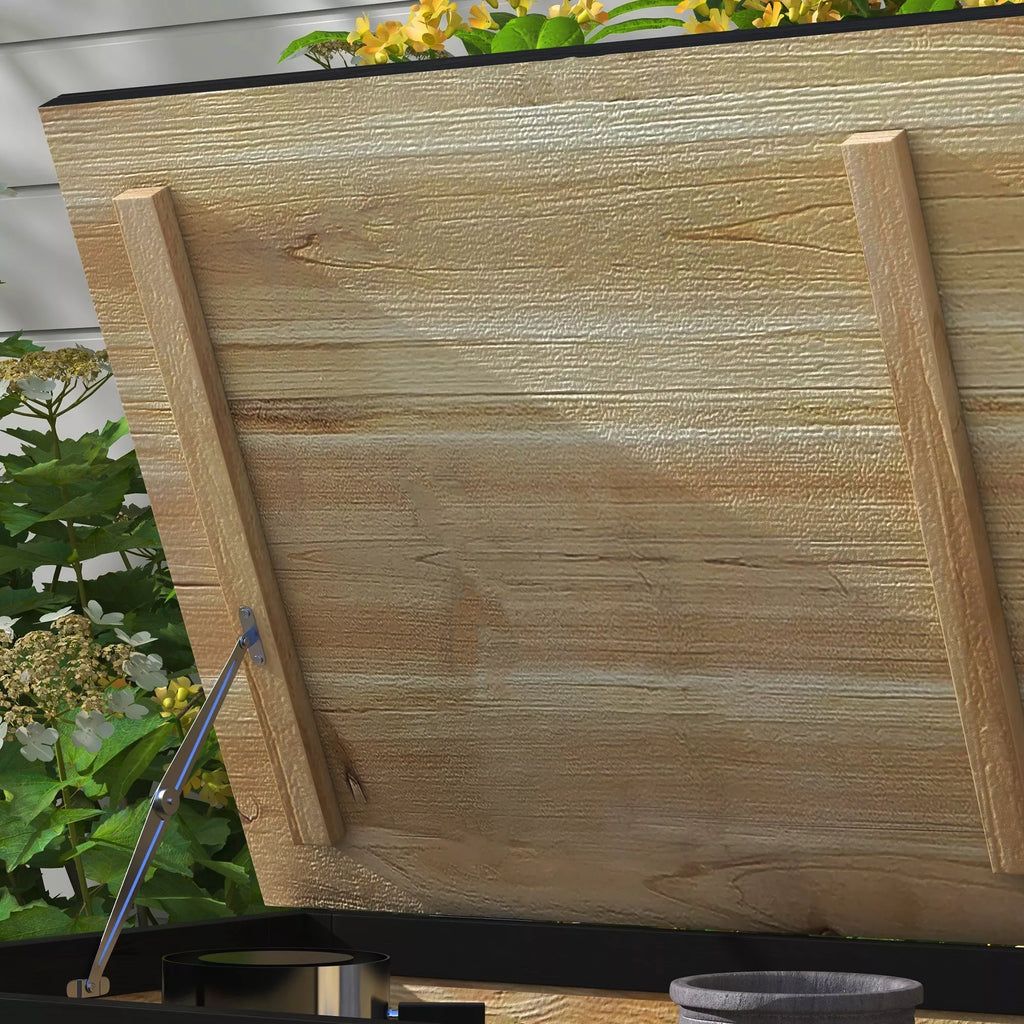 Sodo daiktų laikymo dėžė, 121 litras, 2 ratukai, atspari oro sąlygoms, metalinės vyrių, natūralaus medžio, 100x50x43 cm
