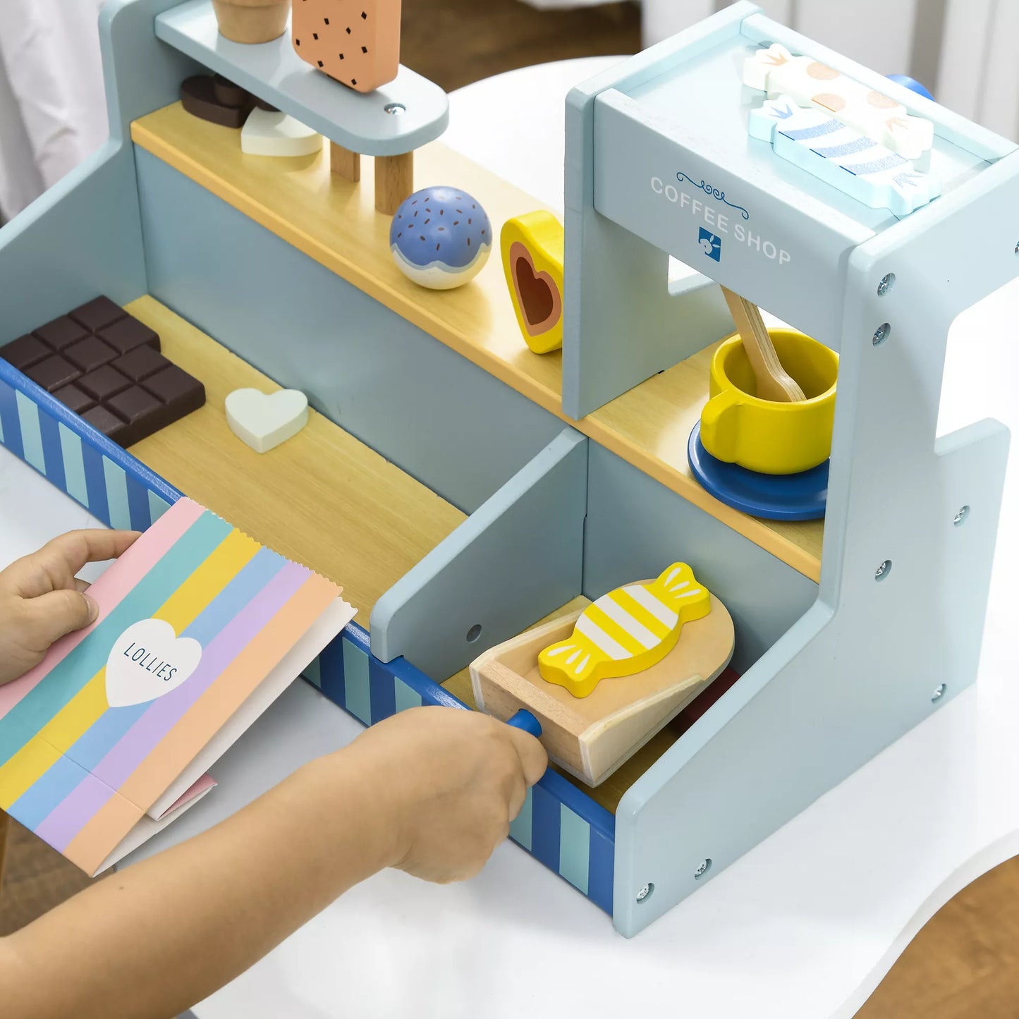 Žaidimų ledų namelis vaikams, ledų kioskeli, daug priedų, lavina vaizduotę ir motoriką, šviesiai mėlyna spalva