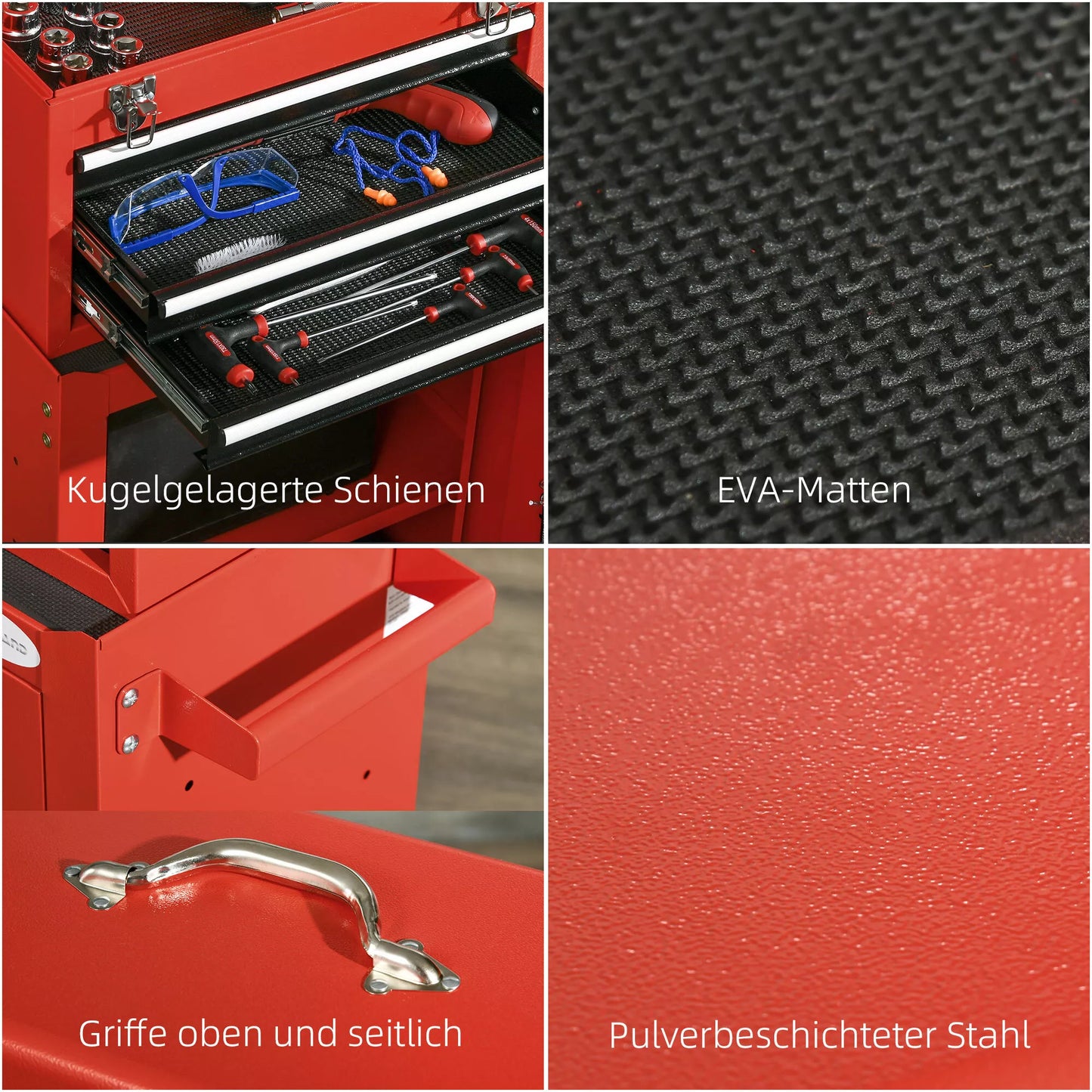 DURHAND 2-in-1 mobilus įrankių vežimėlis, 3 stalčiai, įrankių lentelė, plieninis korpusas, 46I x 28P x 94A cm, Raudonas