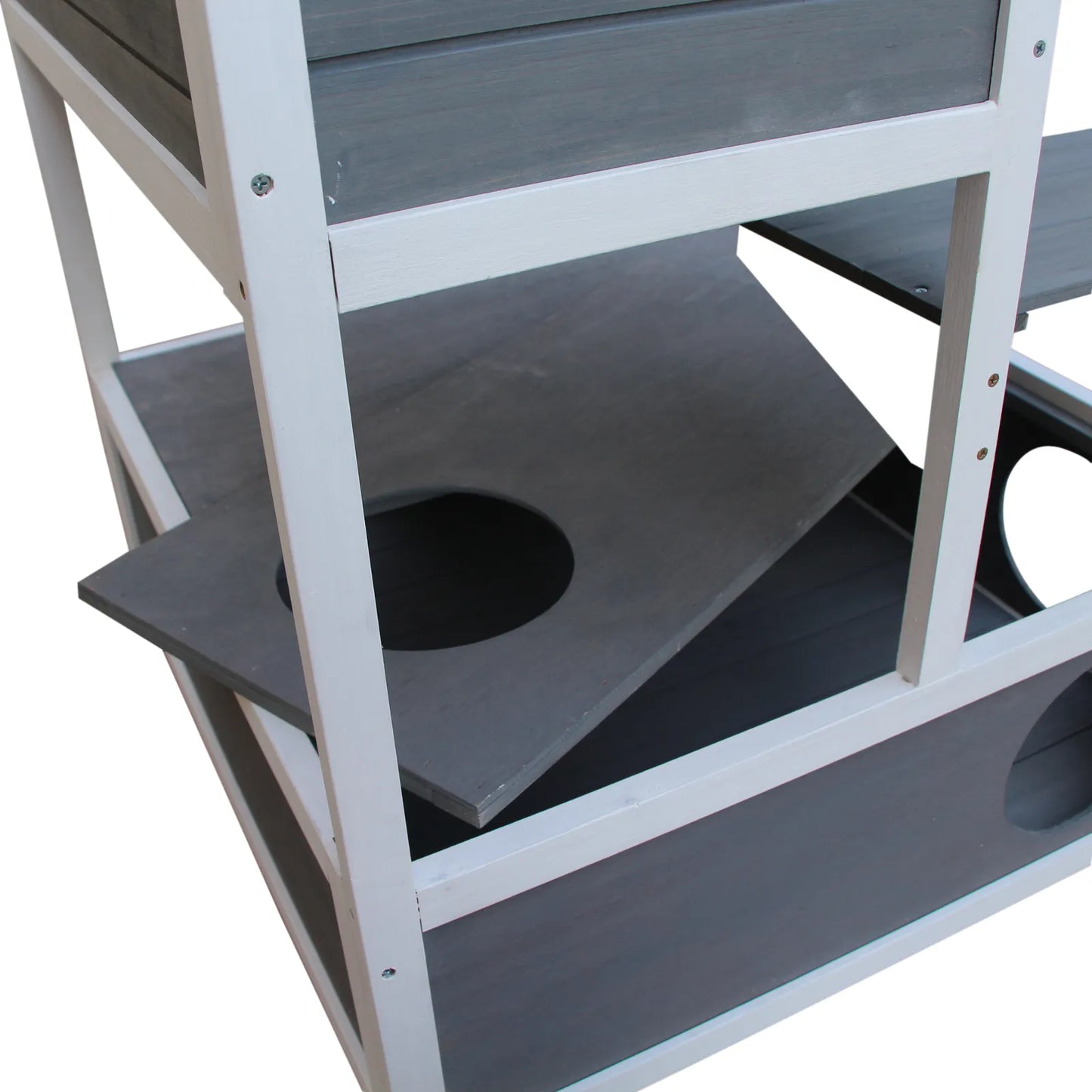 Katės namelis, eglės mediena, lauko katės būda su terasa, katės guolis, 4 aukštai, katės vila su laiptais, asfaltinis stogas, atsparus žiemai, smulkių gyvūnėlių namelis, pilkas, 75,5 x 75 x 137 cm