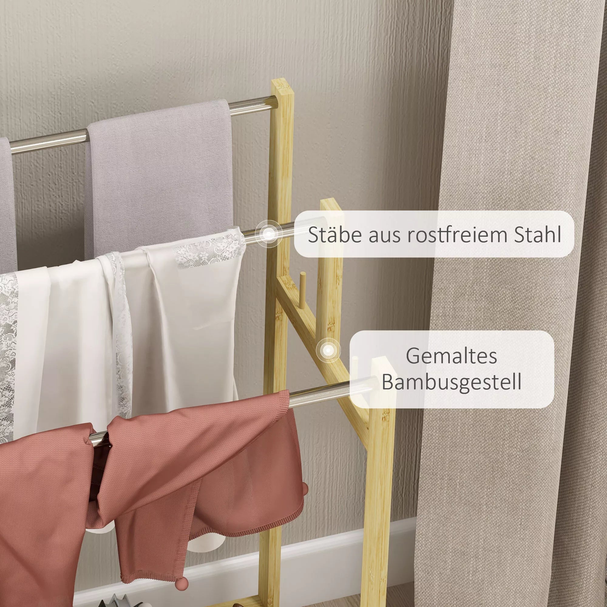 Bambukinis rankšluosčių laikiklis su rankšluosčiais
