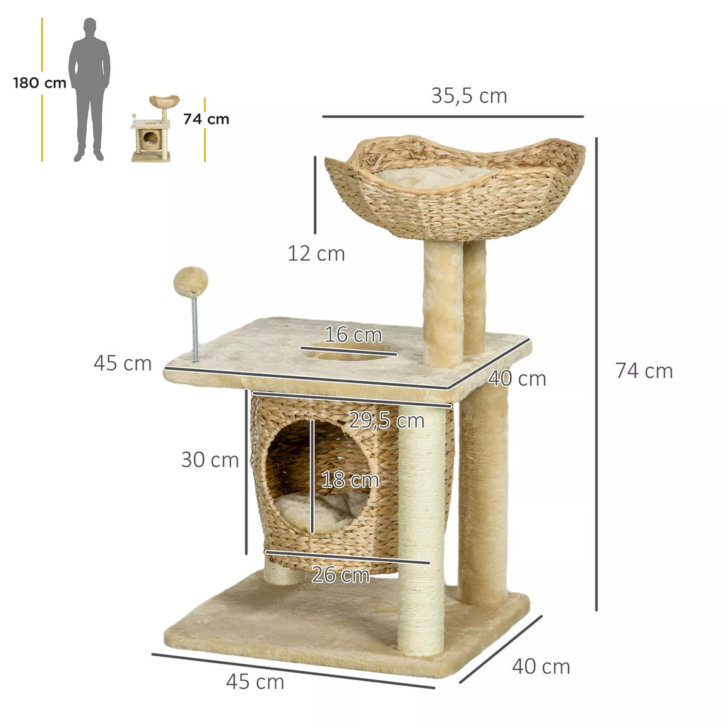 Katės draskyklė su nameliu ir gultu, 74 cm, smėlio spalvos