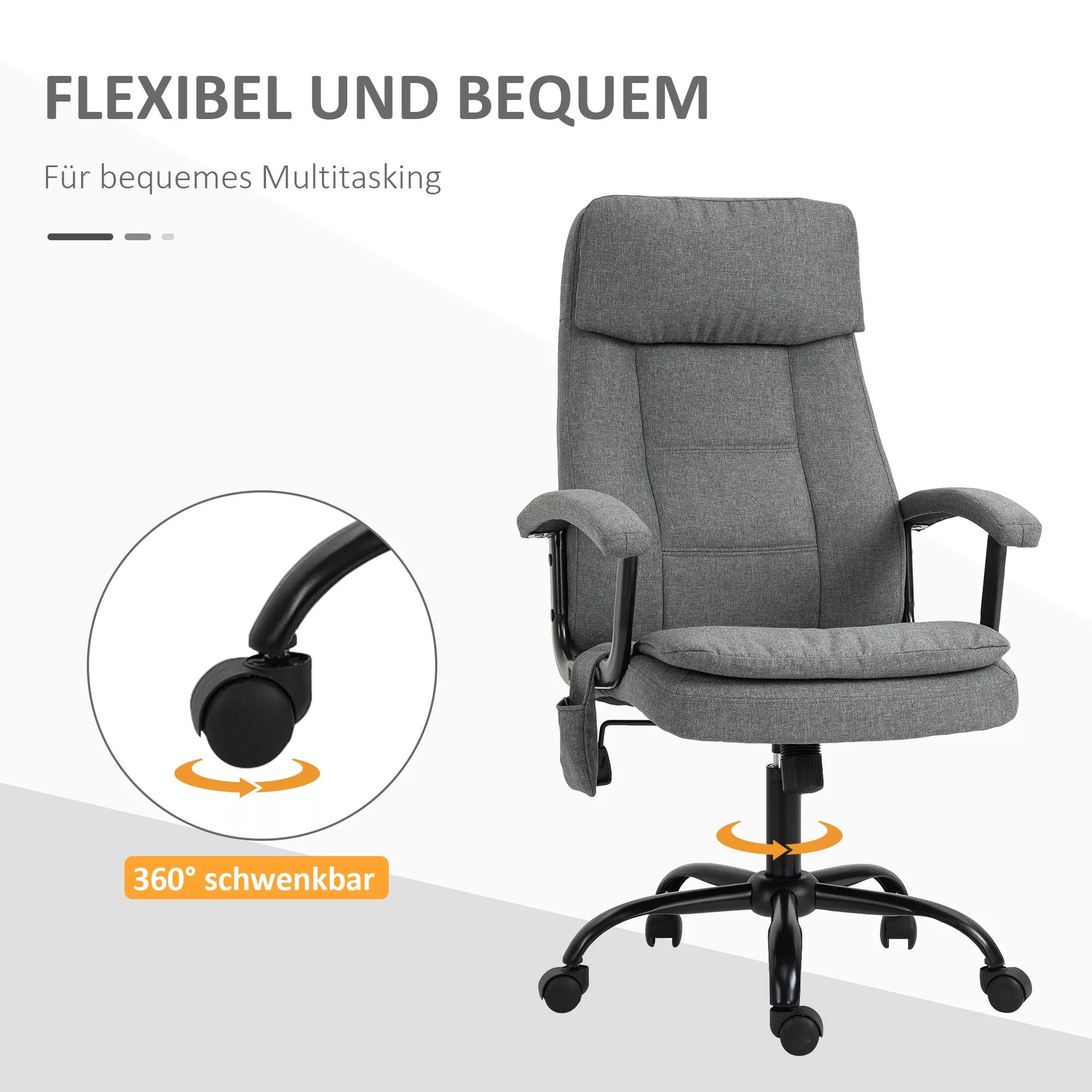 Biuro kėdė su masažu, aukščio reguliavimo, vadovo kėdė, žaidimų kėdė su masažo funkcija, ergonomiška sukama kėdė, masažinis krėslas, juosmens masažas, pilkos spalvos, su lino pojūčiu, 63 x 70 x 112-121 cm