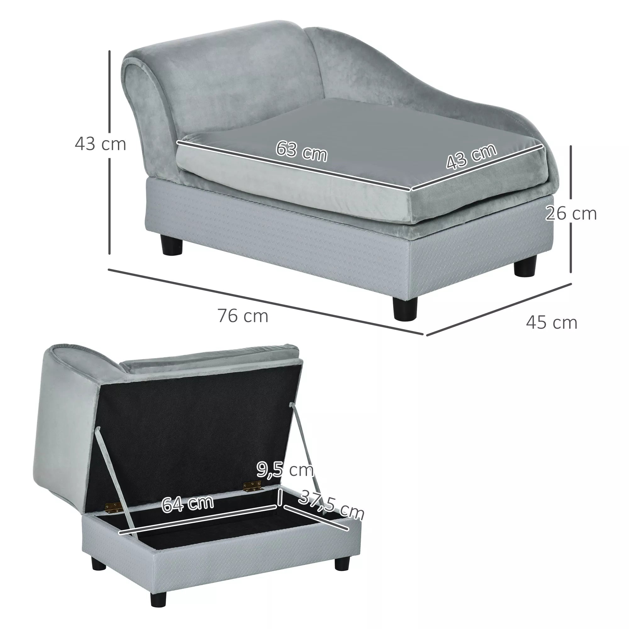 Naminių gyvūnų sofa su daiktų laikymo vieta, minkšta pagalvė, iki 15 kg apkrova, pliušinis apmušalas, kietmedžio rėmas, šviesiai pilka spalva