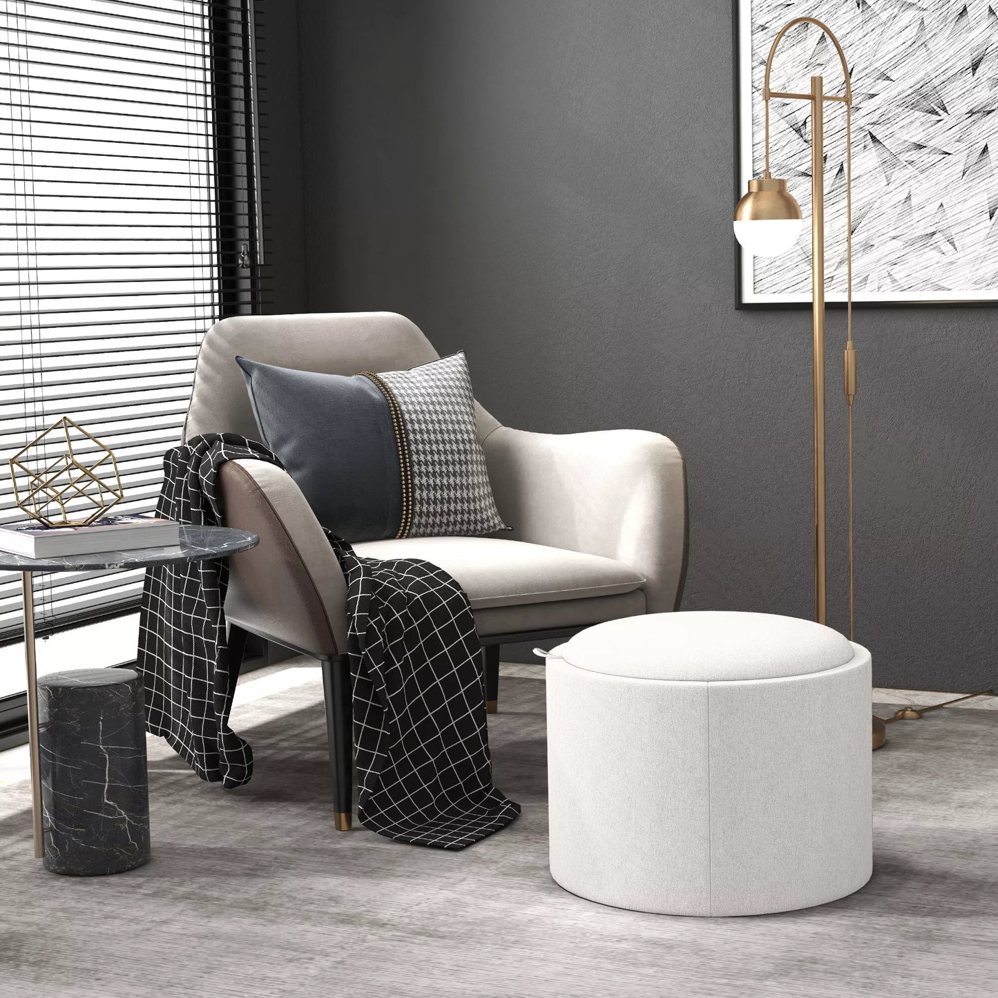 Pufas su paminkštinimu, linas, paslėpta saugykla, apverčiamas dangtis, 56 cm x 56 cm x 42 cm, kreminė + natūrali