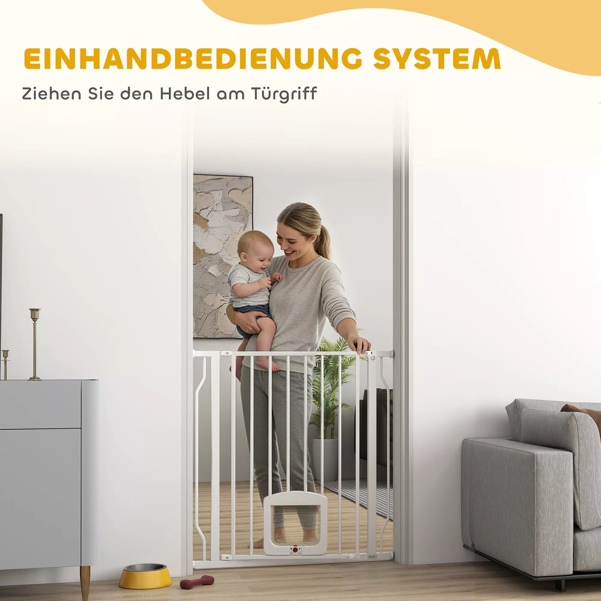 Apsauginiai laiptų ir durų varteliai su katei skirta anga, nereikalaujantys gręžimo, 75-85 cm, plieniniai, skirti šunims, laiptams, durims, balti