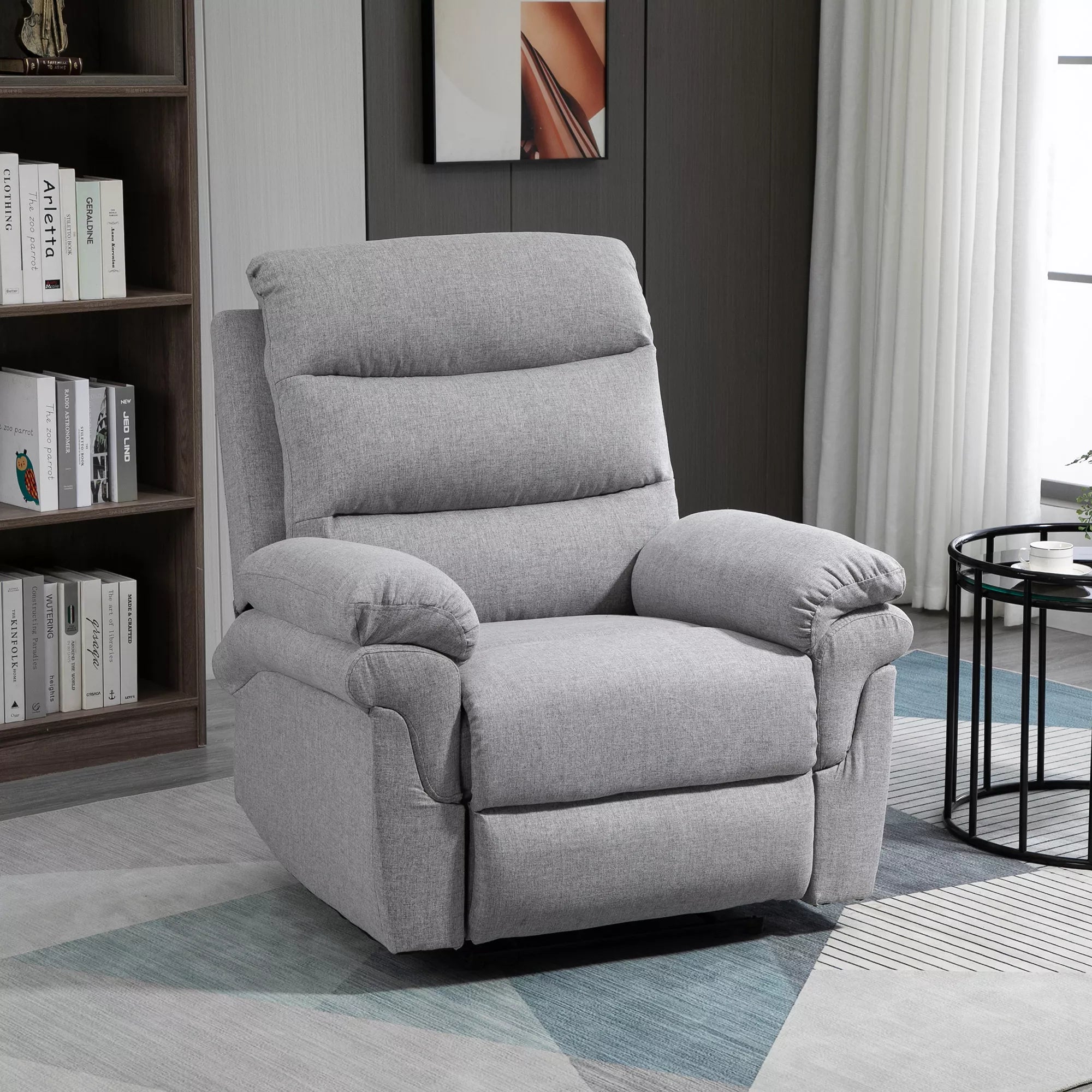 HOMCOM fotelis su atlošimo funkcija, vienvietė sofa, reguliuojamas, atsidaro 165°, poilsio fotelis, televizijos fotelis, skirtas svetainei, miegamajam, lininio audinio imitacija, šviesiai pilkos spalvos, 91 x 92 x 102 cm