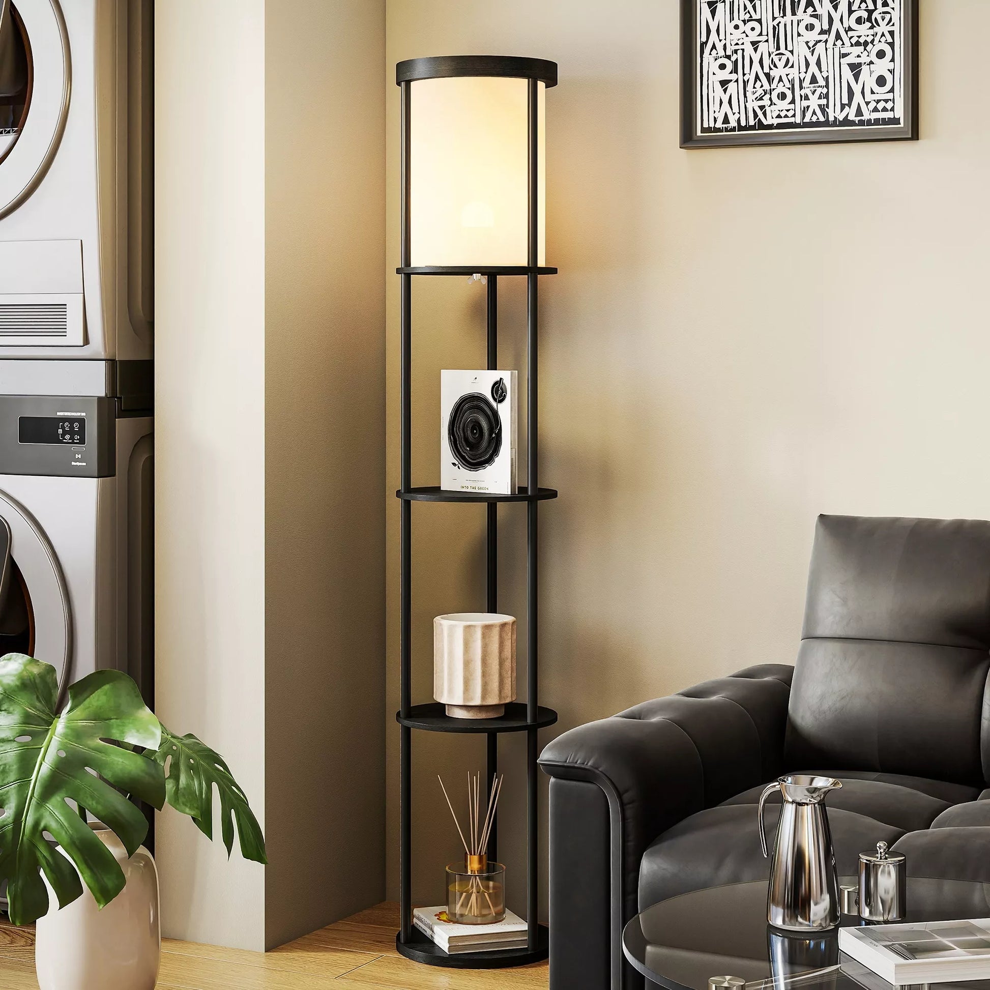 Stovas su 3 lentynomis, apvalus dizainas, nuotolinio valdymo pultas, pėdos jungiklis, reguliuojamas šviesos šilumas, skirtas svetainei, juodos spalvos