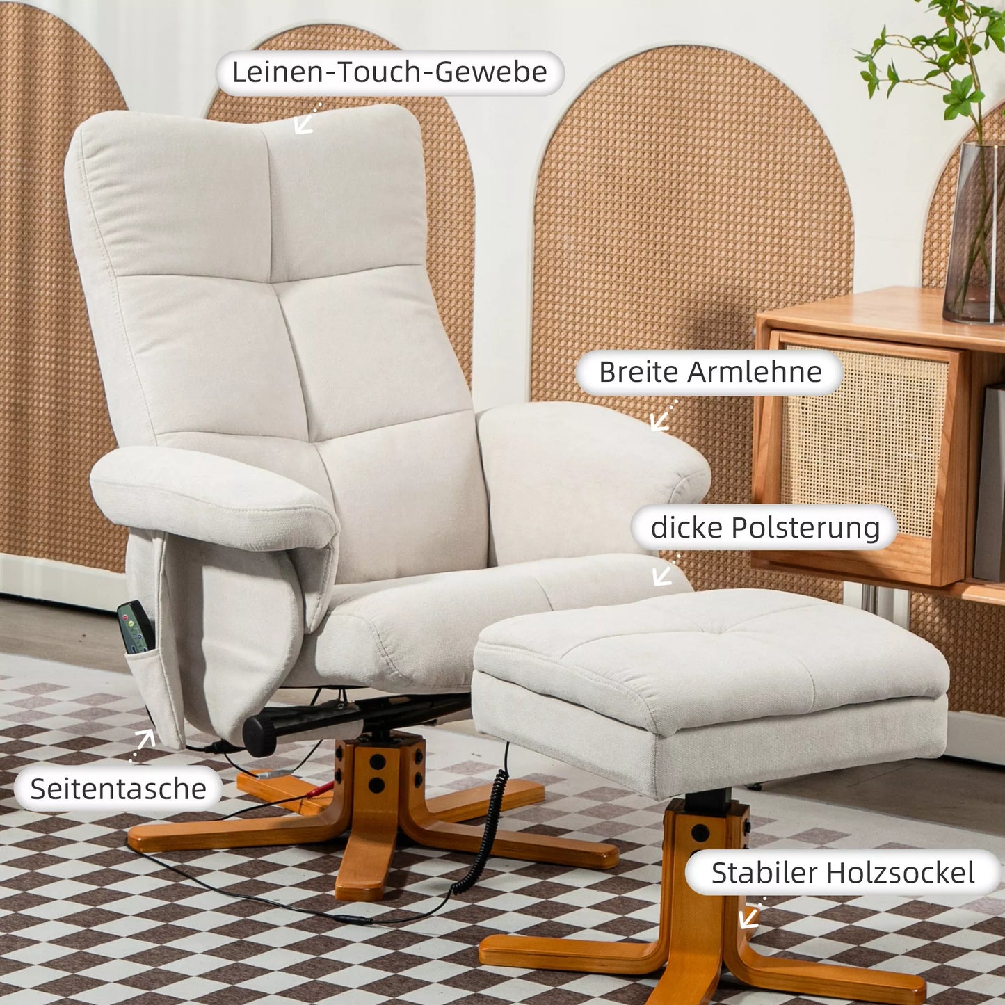 HOMCOM Masažinė kėdė su atlošimo funkcija ir pėdų atrama, 145° atlošimo kampas, poliesteris, 80 x 86 x 99 cm, kreminės baltos spalvos