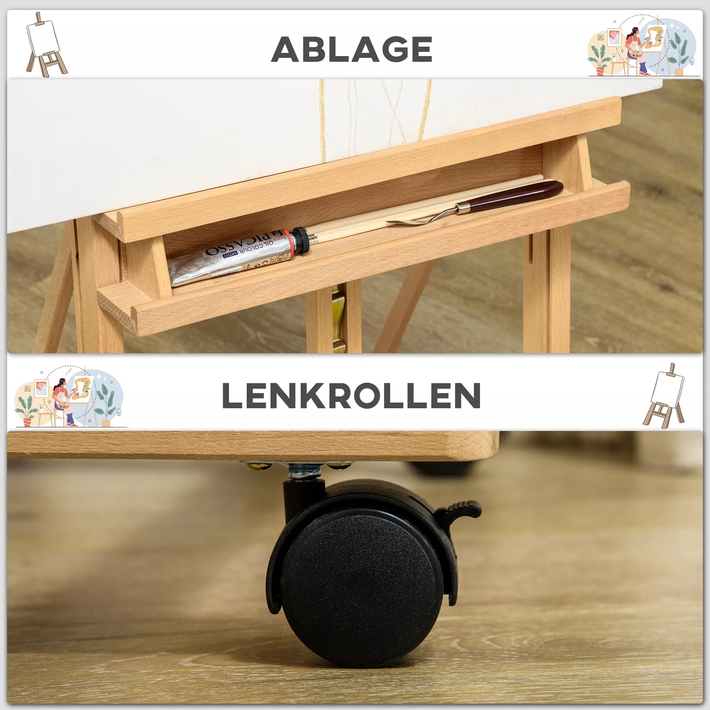 Molbertas, Tapytojo molbertas, Aukščiui reguliuojamas, su 4 ratukais, Natūralus + Juodas