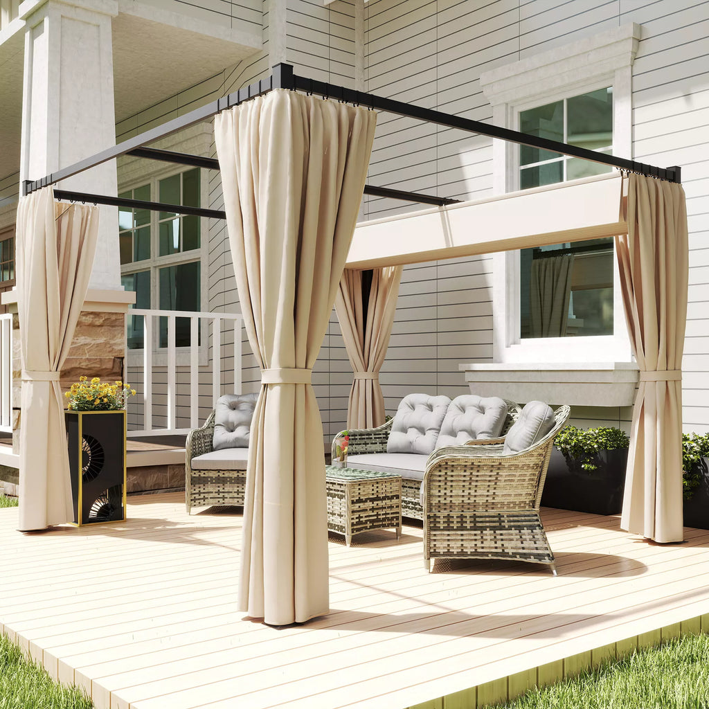 Pergola 3 x 3 m Atskirai stovinti terasos stogelė su stumdomu stogu, 4 šoninės sienos, atspari UV spinduliams, smėlio spalvos