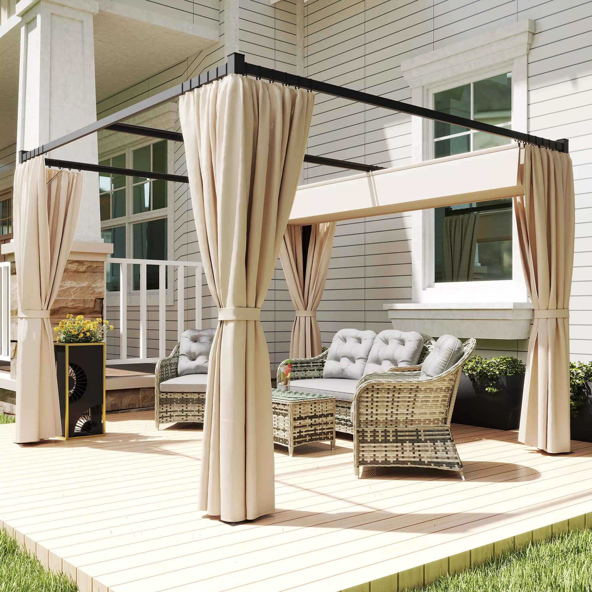 Pergola 3 x 3 m Atskirai stovinti terasos stogelė su stumdomu stogu, 4 šoninės sienos, atspari UV spinduliams, smėlio spalvos