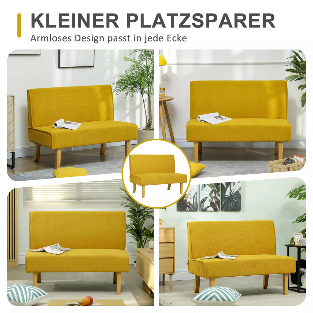 Dvivietė sofa su velveto apmušalu, storu paminkštinimu ir tvirtais mediniais kojomis, skirta svetainei, miegamajam, biurui, geltonos spalvos.