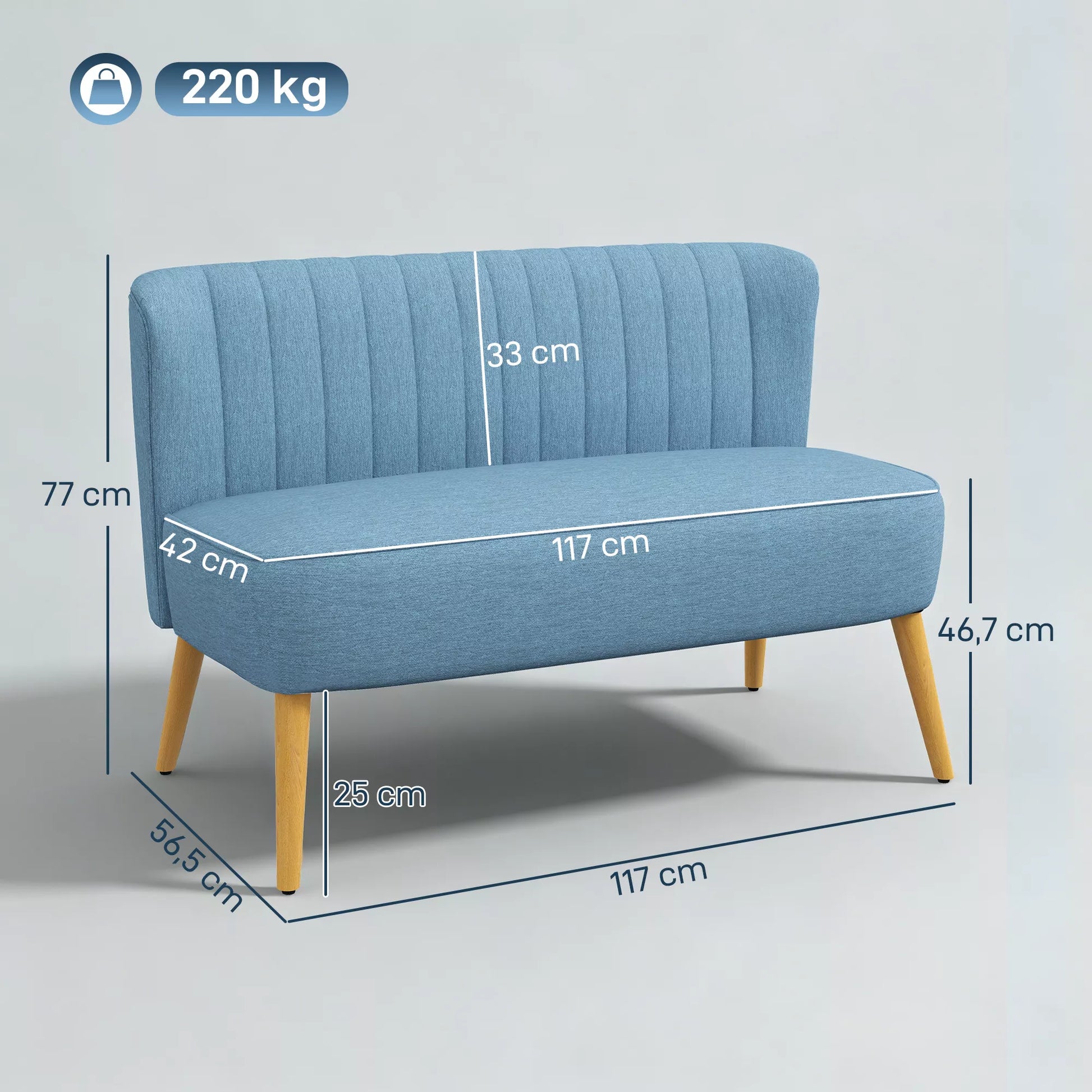 2 vietų sofa retro stiliaus, minkšta apmušalai, lengvai prižiūrimi apmušalai, iki 150 kg, 117 x 56,5 x 77 cm, mėlyna