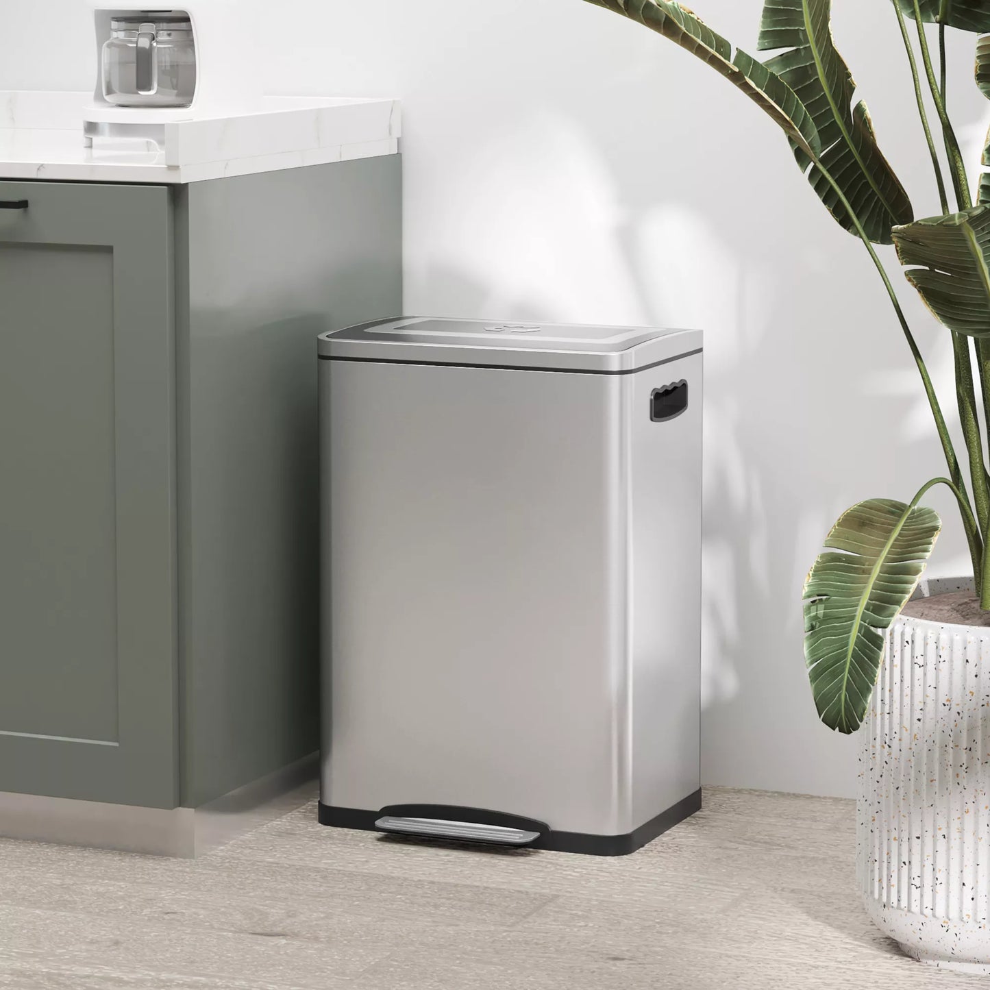 Šiukšliadėžė, šiukšlių dėžė su dangčiu ir pedalu, nerūdijančio plieno, 2x 20 litrų skyriai, sidabro