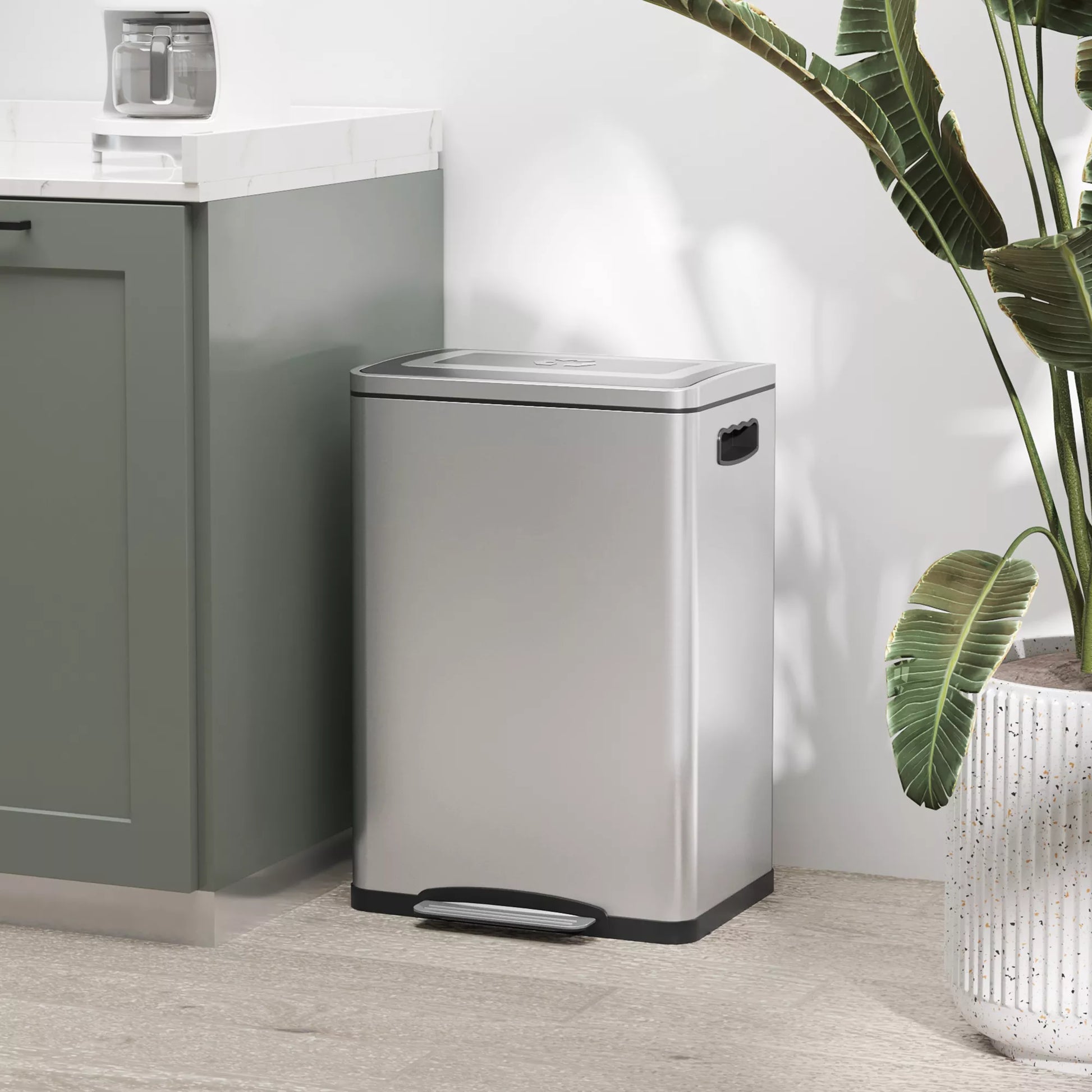 Šiukšliadėžė, šiukšlių dėžė su dangčiu ir pedalu, nerūdijančio plieno, 2x 20 litrų skyriai, sidabro