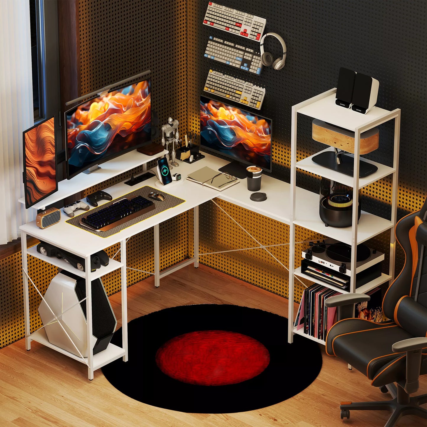 L formos kampinis stalas su įkrovimo stotele, monitoriaus laikikliu ir lentynomis, skirtas namų biurui, baltas