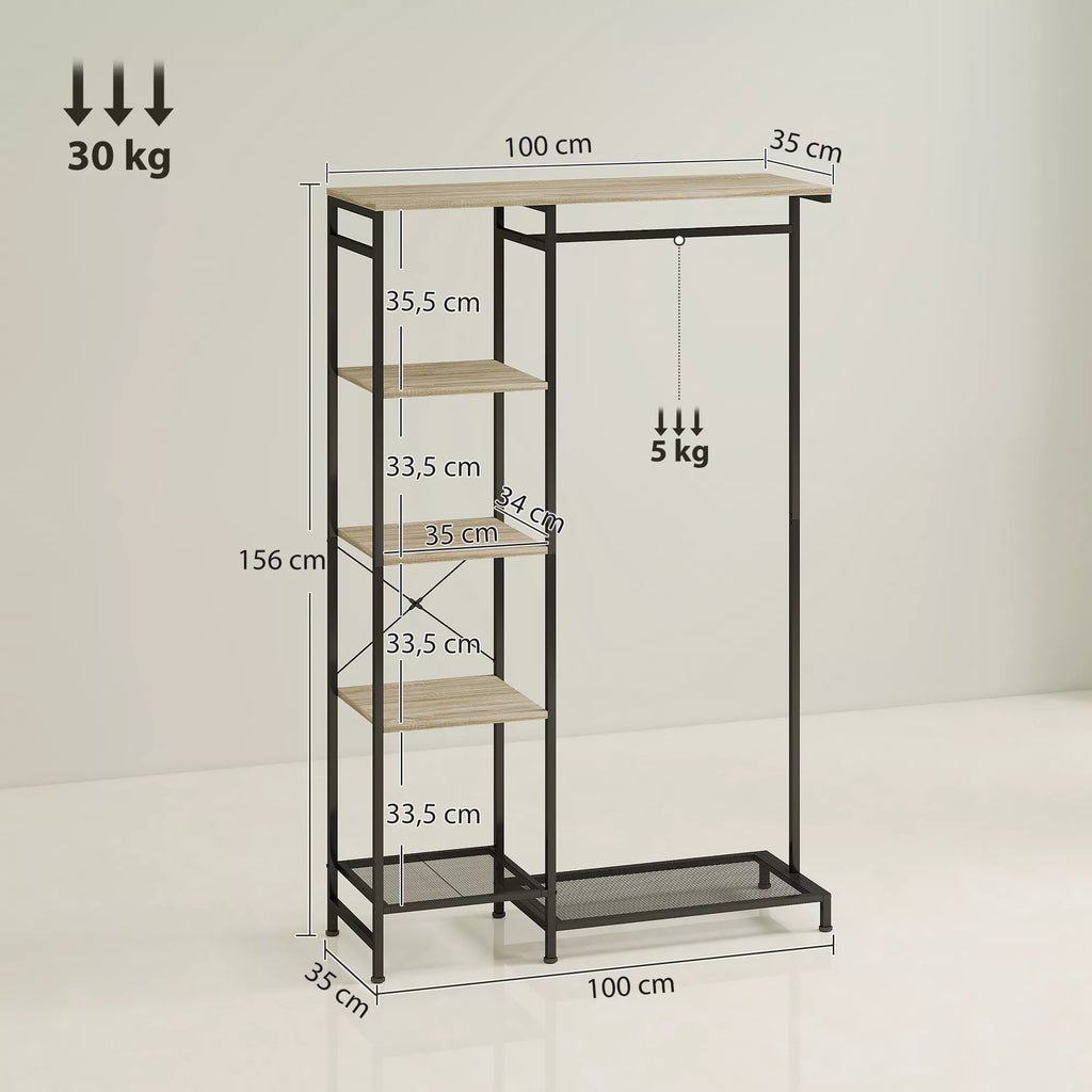 Infografika su kabyklos matmenimis: 100 cm plotis, 156 cm aukštis, 30 kg viršuje, 5 kg lentyna