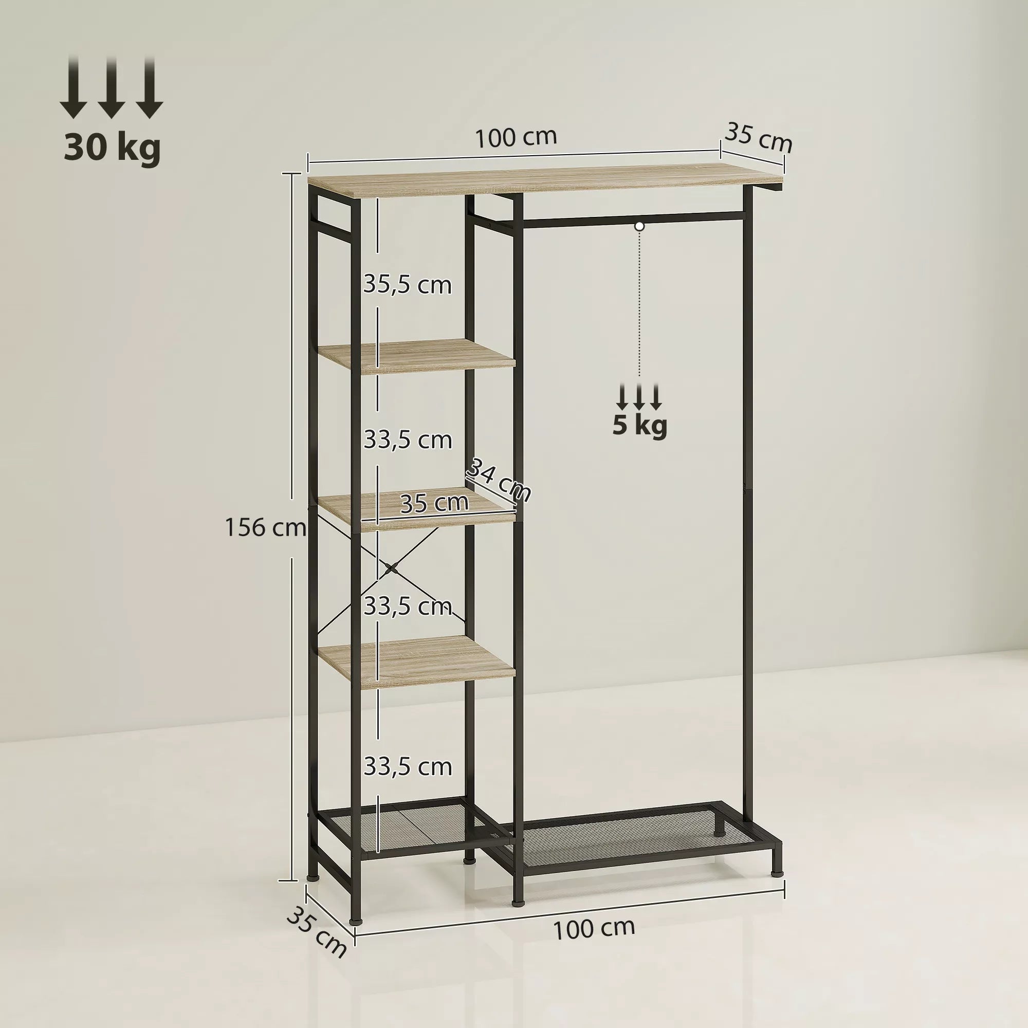 Infografika su kabyklos matmenimis: 100 cm plotis, 156 cm aukštis, 30 kg viršuje, 5 kg lentyna