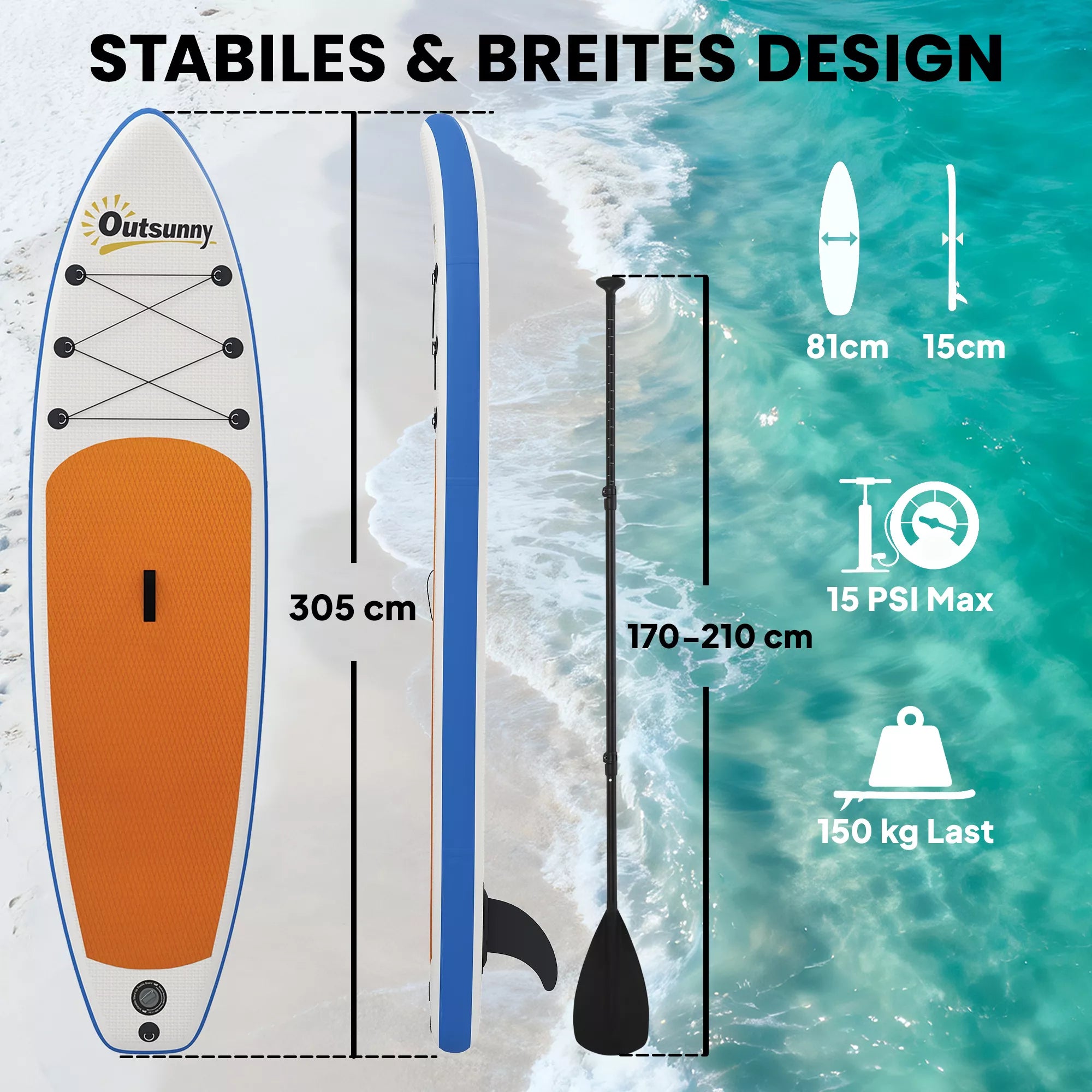 Stand Up Paddling lentos rinkinys: pripučiama 305 cm SUP lenta su aliumininiu irkleliu, nuimamu peleku ir kojų diržais
