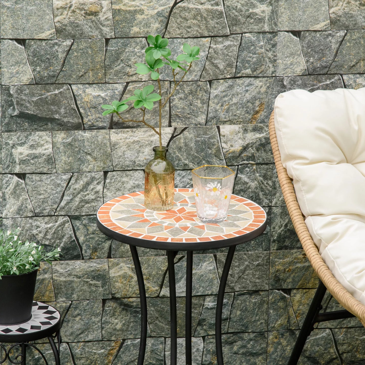 Tvirtas lauko staliukas Ø35,5cm apvalus, atsparus oro sąlygoms, tinklelio stiliaus balkono staliukas su mozaikos raštu, metalinis kempingo staliukas, kavos staliukas svetainei, biurui, lauke ir viduje, geltonas+pilkas