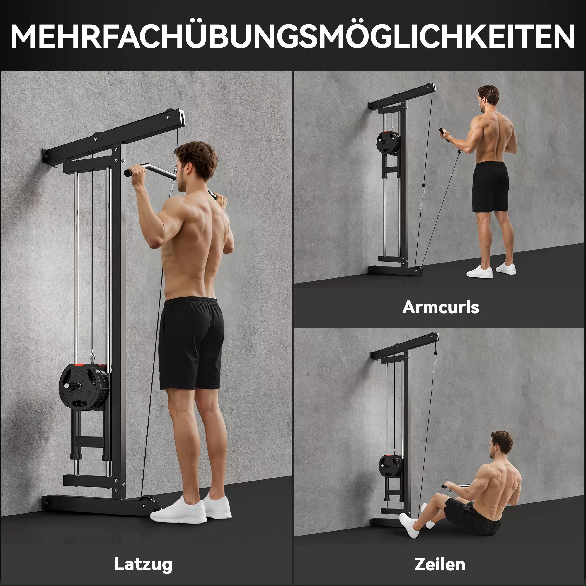 Irklavimo treniruoklis, prie sienos montuojamas treniruoklis, kabelinis treniruoklis namų sporto salėms, plienas, juodas