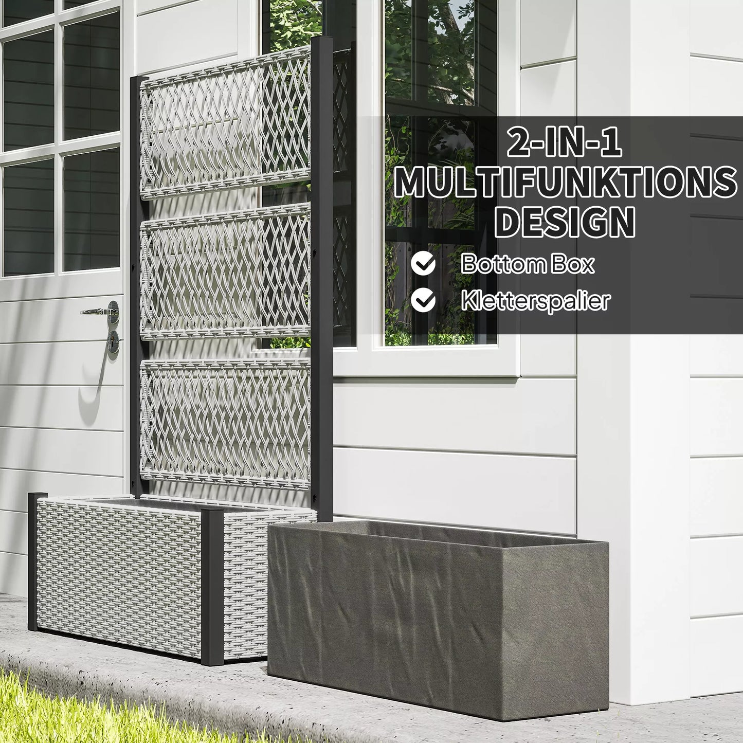 Pakelta lysvė, sienelė su atrama vijokliniams augalams, ratanas, 90x35x148 cm, pilka