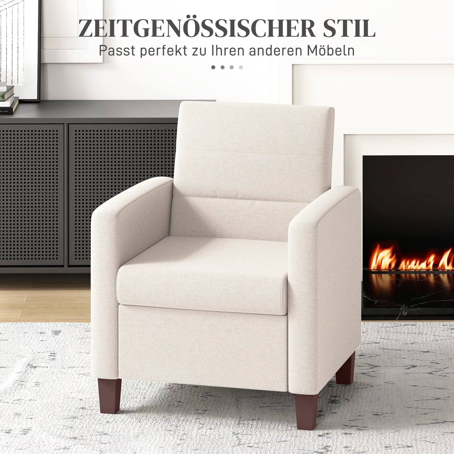 Minkštas krėslas su lino audinio išvaizda, porolono užpildu, sėdimąja pagalvėle ir mediniu rėmu, kreminės baltos spalvos