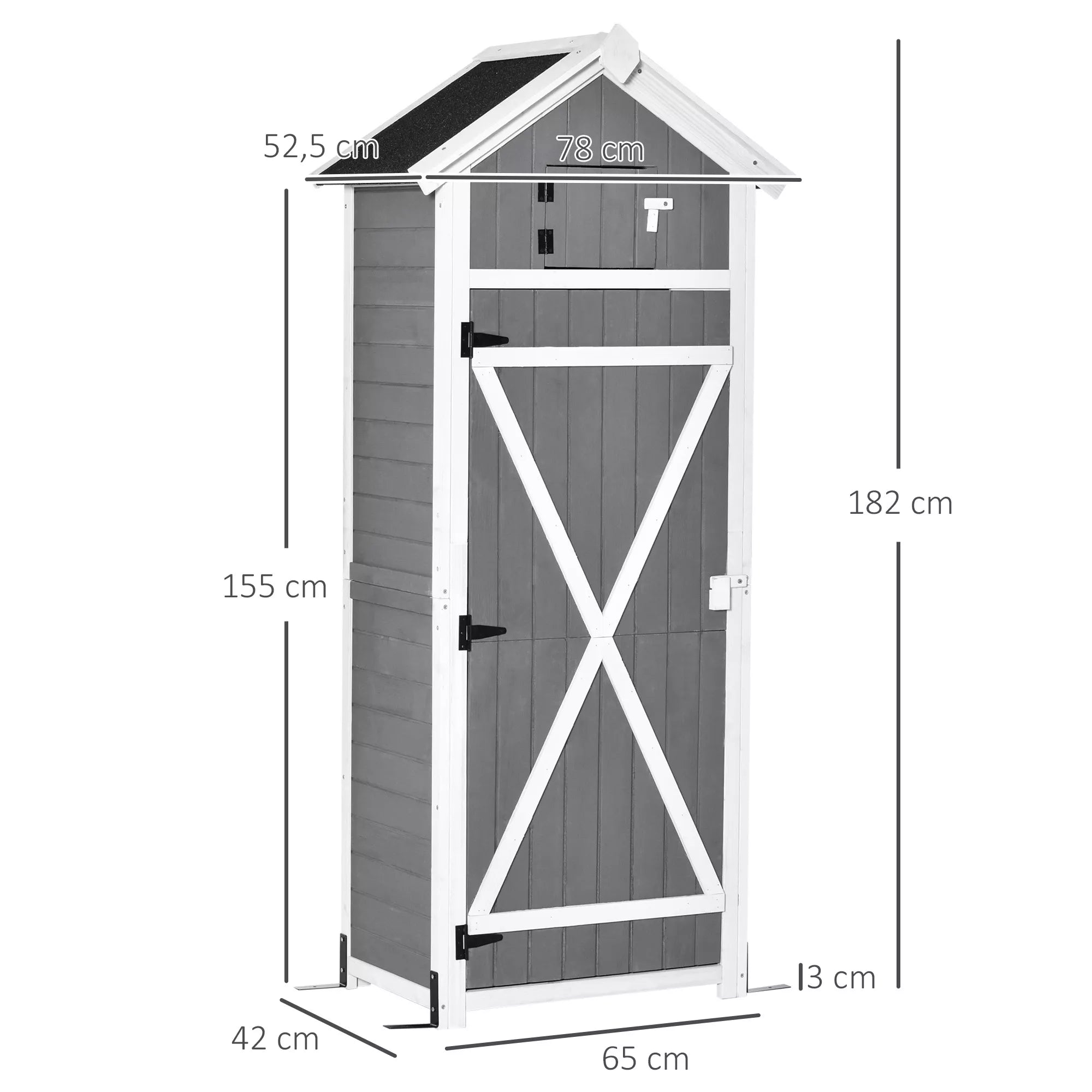 Schema su spintelės matmenimis: aukštis 182 cm, plotis 65 cm, gylis 42 cm