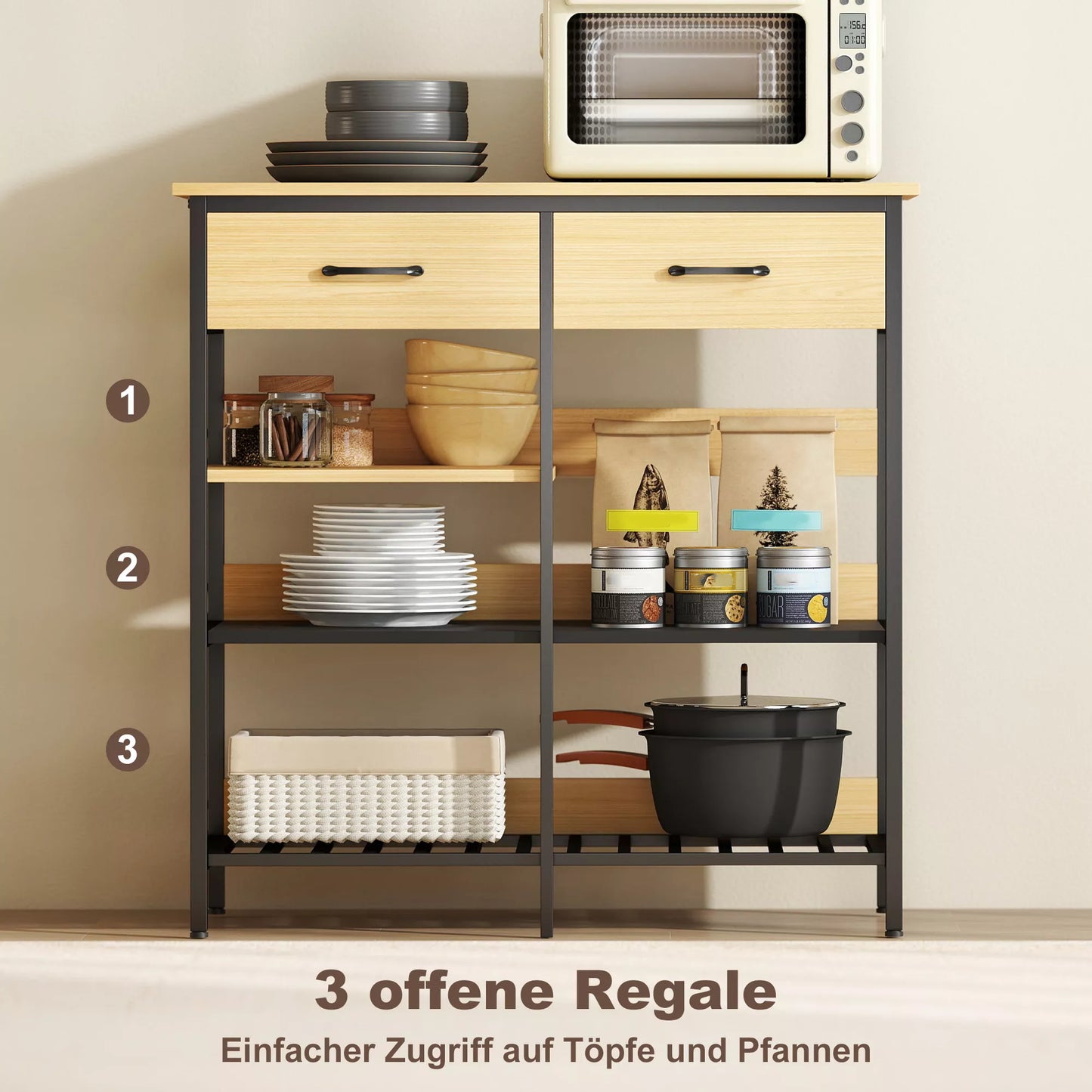 Bufetas, komoda su 2 stalčiais, 3 atviromis lentynomis Virtuvės spintelė virtuvėms, svetainėms 90 x 40 x 91 cm, natūralus medis