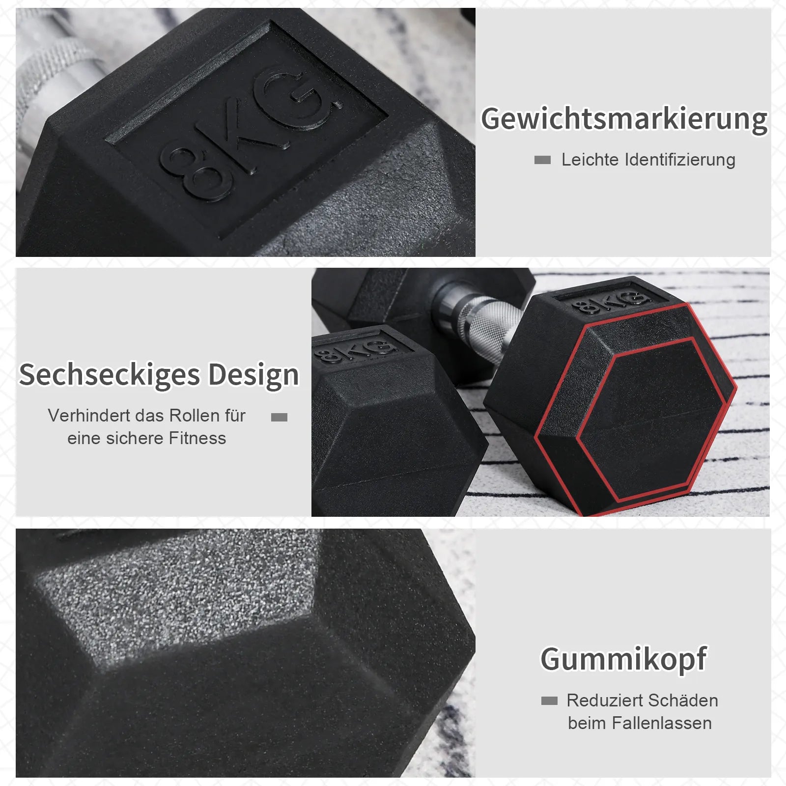 Hexagon hantelis Ketaus hantelis Guminis hantelis Rankena su grioveliais Svoris Metalo guminis juodas 2 x 8 KG