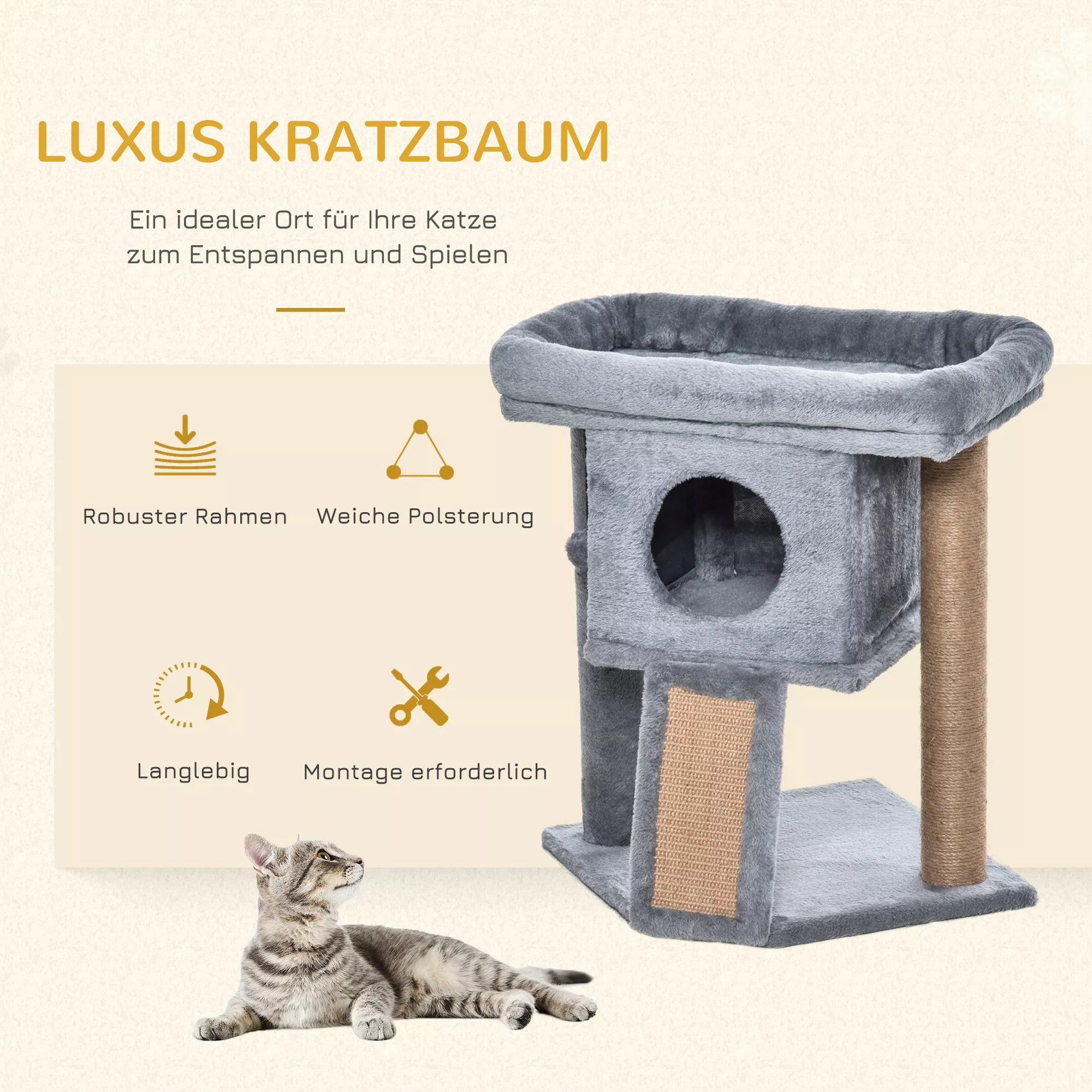 Kratzbaum 57 cm Mažas kačių medis su kačių urvu, poilsio platforma, kačių medžiojimo medis su medžiojimo lenta, žaidimų kamuoliu, kačių baldai katėms iki 5 kg Šviesiai pilkos spalvos