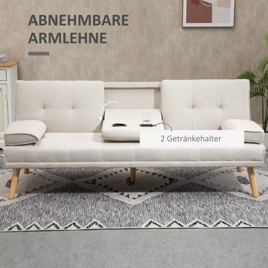 3-vietė miegamoji sofa, reguliuojamas atlošas su atlenkiamu staliuku, dvi porankės, lino imitacija, smėlio spalvos, 181 x 77 x 78 cm