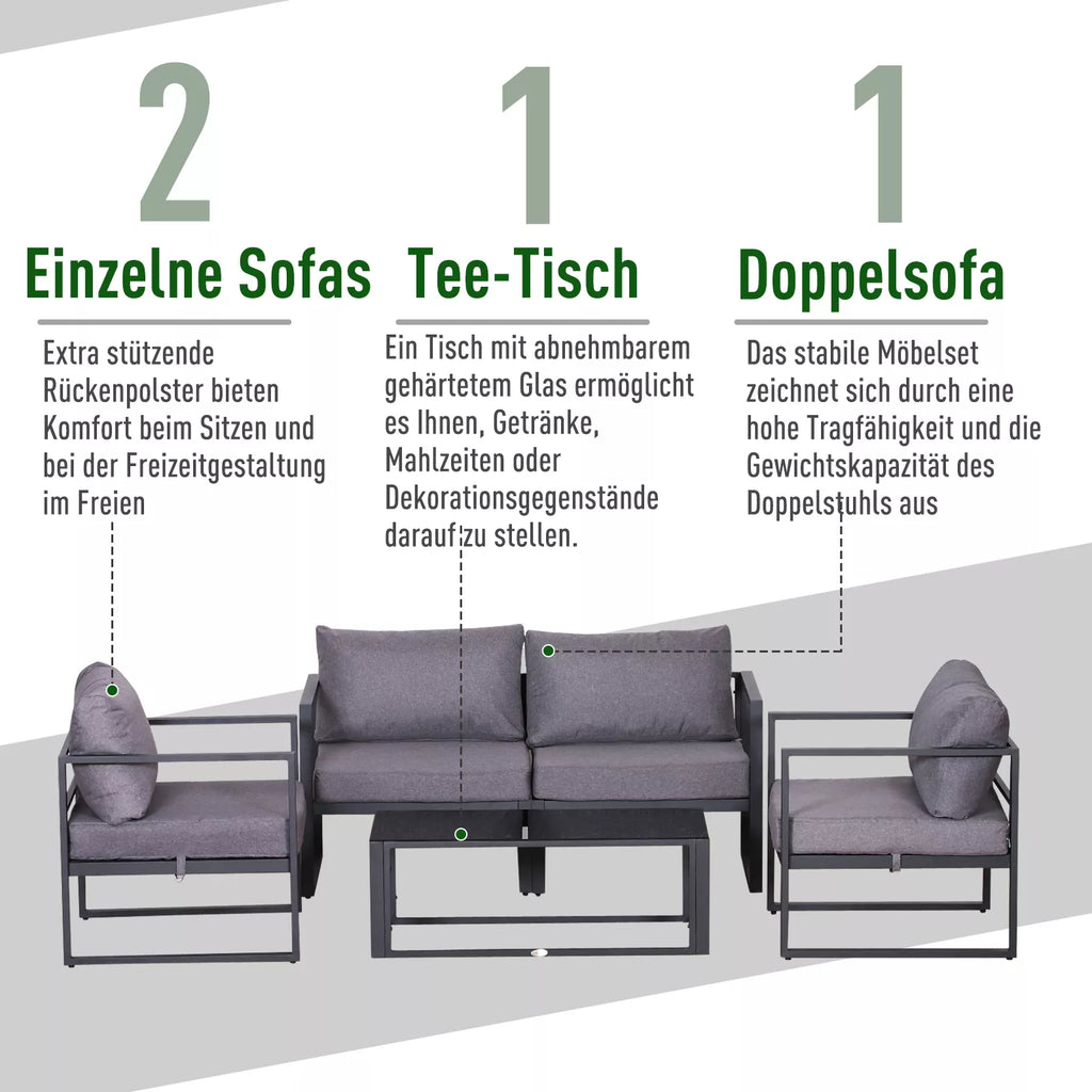 Keturių dalių sodo baldų rinkinys, sėdimoji grupė, sofa su sėdimojo pagalvėlėmis, stalas su daiktų laikymo vieta, poliesteris, pilkos spalvos, 138 x 69 x 63 cm