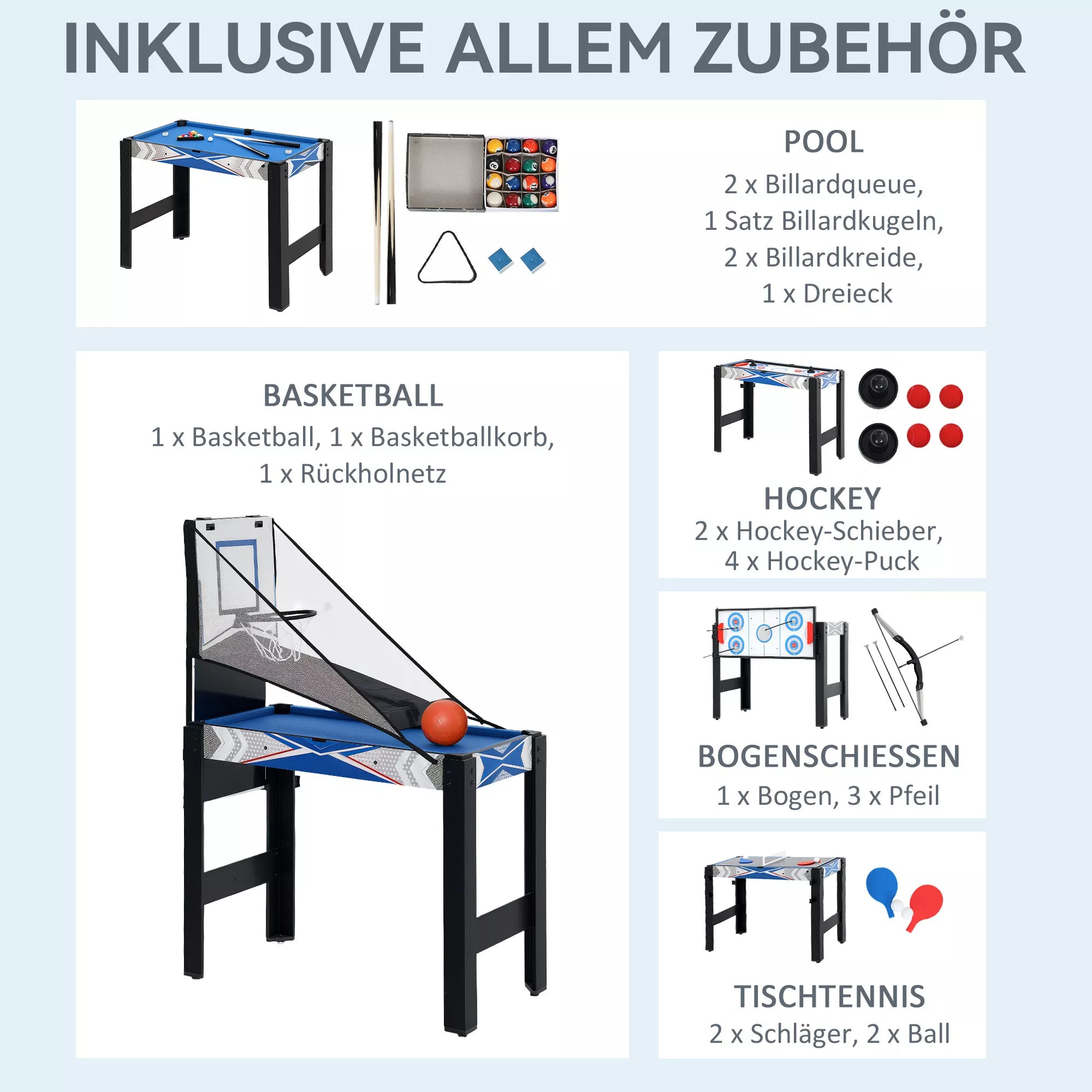 Daugiafunkcis žaidimų stalas 5-in-1 su priedais, 91x45,5x76 cm, mėlynas