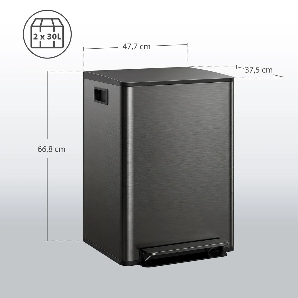 Rūšiavimo šiukšliadėžė 60L su dviem 30L skyriais juoda