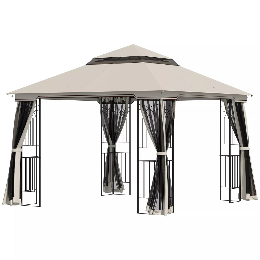 Sodo paviljonas su dvigubu stogu Paviljonas Sodo palapinė Šventinė palapinė 4 x šoninės sienos Metalo + poliesterio smėlio spalvos 2,99 x 2,99 x 2,74 m