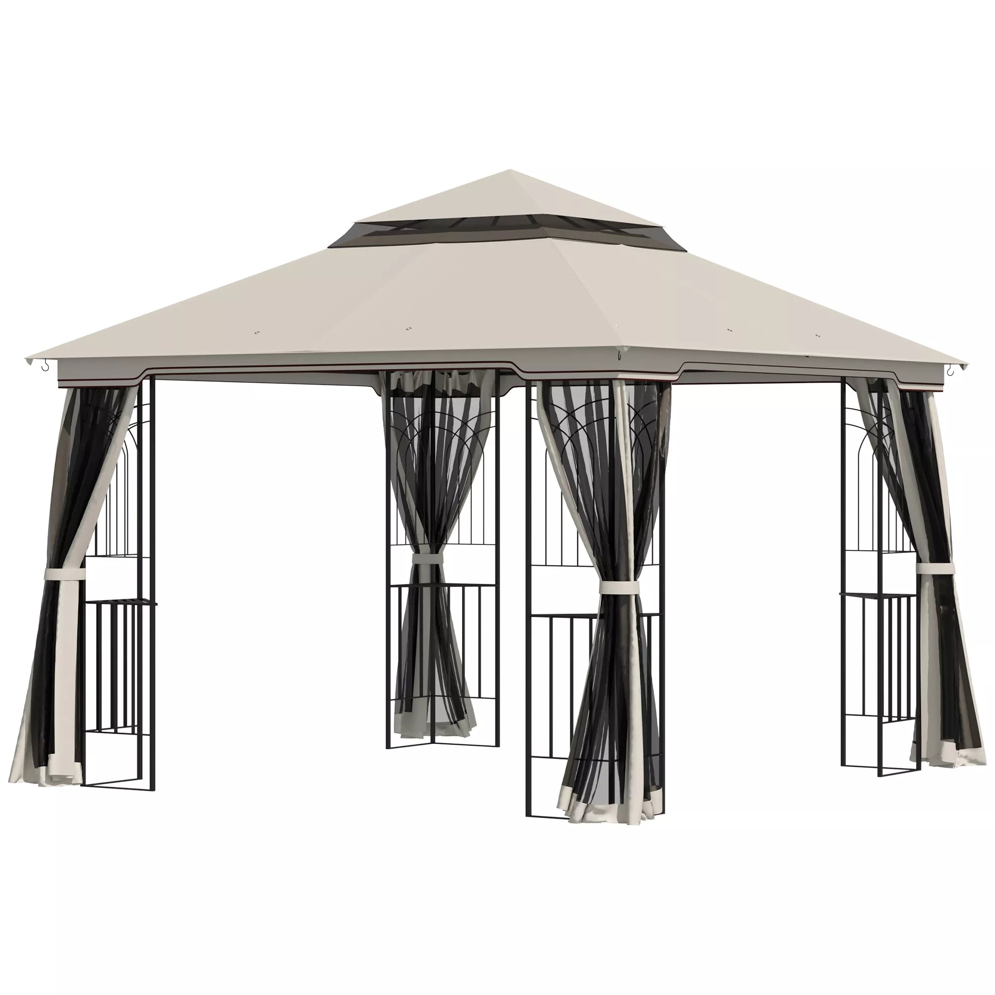 Sodo paviljonas su dvigubu stogu Paviljonas Sodo palapinė Šventinė palapinė 4 x šoninės sienos Metalo + poliesterio smėlio spalvos 2,99 x 2,99 x 2,74 m