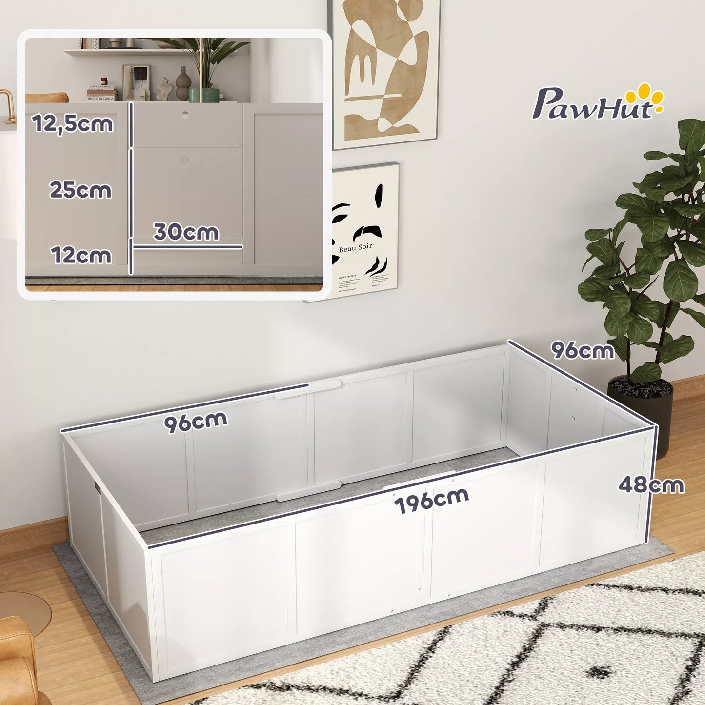 Šunų veisimo dėžė šunims ir šuniukams, su reguliuojamais įėjimais, dideliems ir mažiems šunims, 196 x 96 x 48 cm, Balta