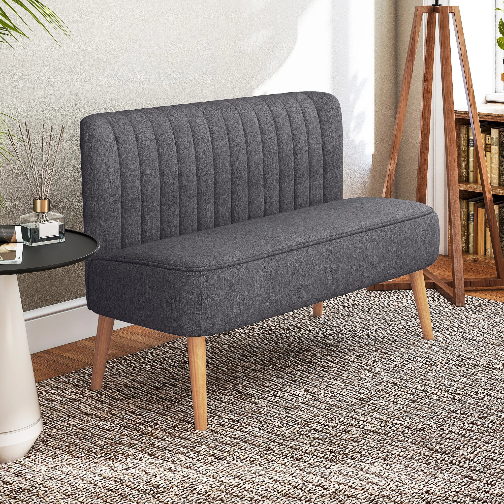 Dvivietė sofa, minkšta kušetė su lengvai prižiūrimu audiniu, tekstilė ir medis, 117x56,5x77 cm, tamsiai pilka