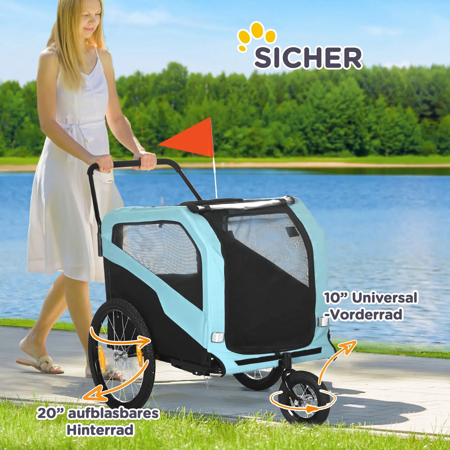 2 viename šunų priekaba šunų vežimėlis dviračio priekaba iki 30kg sulankstomas stumdomosios funkcijos 2 įėjimai tinkliniai langai apsauga nuo saulės plieninis rėmas šviesiai mėlynas 170 x 77 x 90 cm