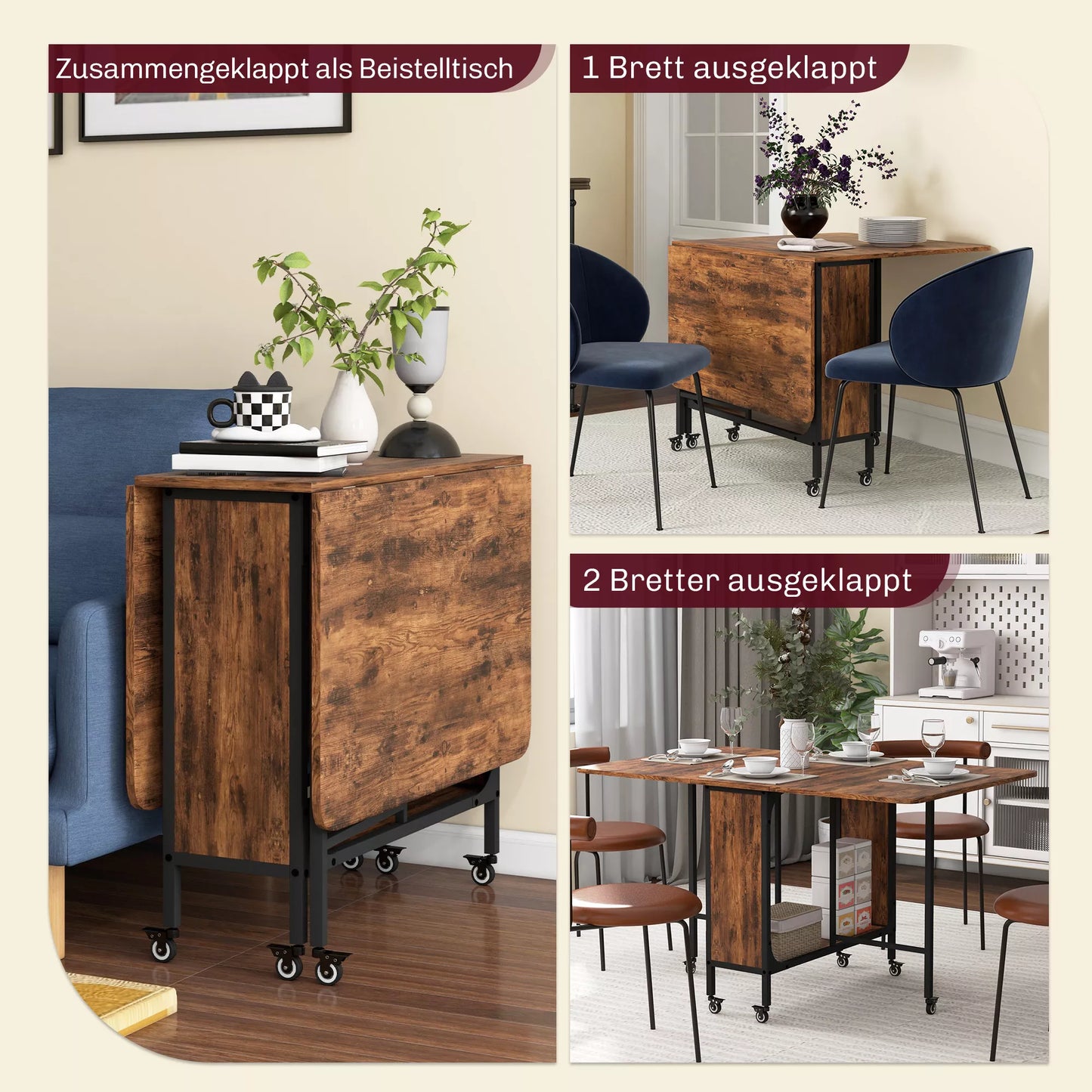 Sulankstomas valgomojo stalas, Mobilus sulankstomas stalas 6 žmonėms, su lentyna, atlaiko iki 50 kg, 130 x 80 x 74 cm, raudonai rudos spalvos