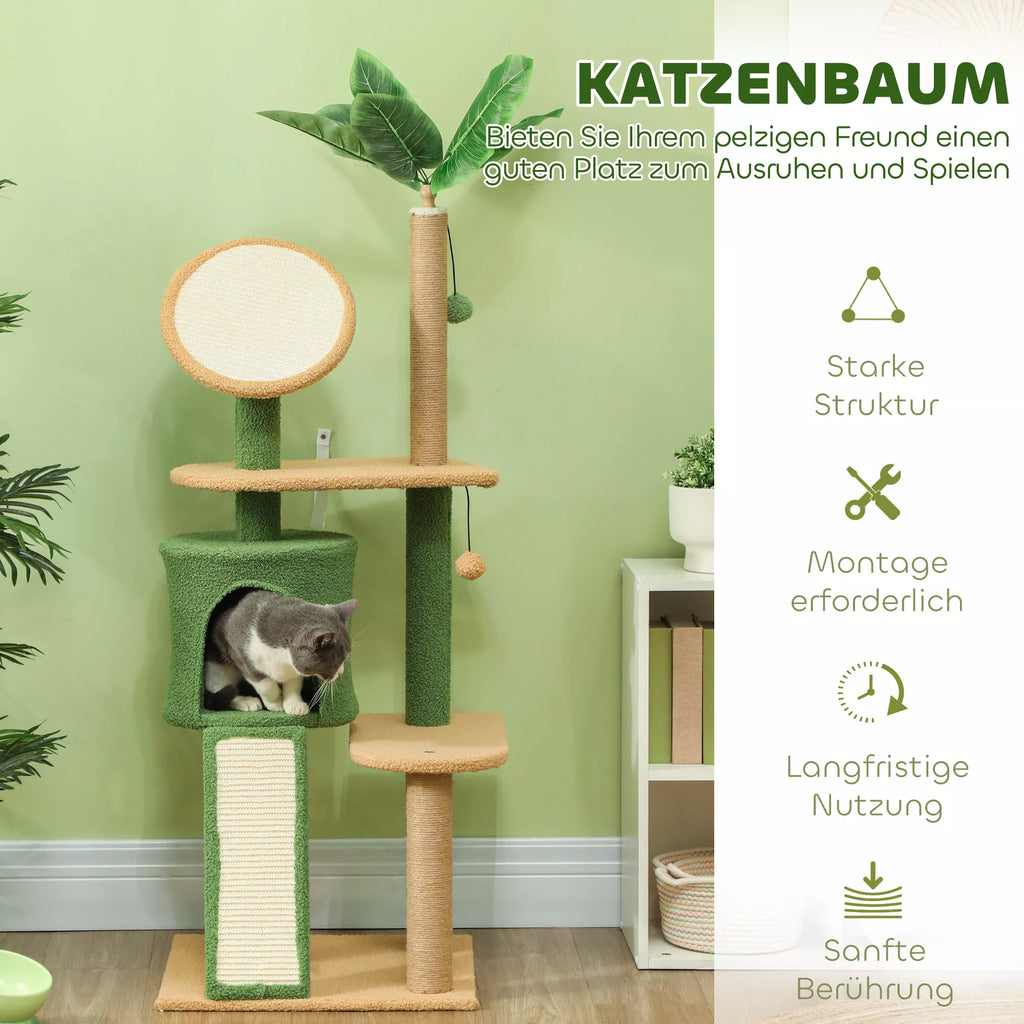 Kratzbaum, 139 cm kačių medis su urvu, žaisliniais kamuoliukais, sizalio nagų galandimo stulpeliais ir platformomis, skirtas dviem katėms, žalias
