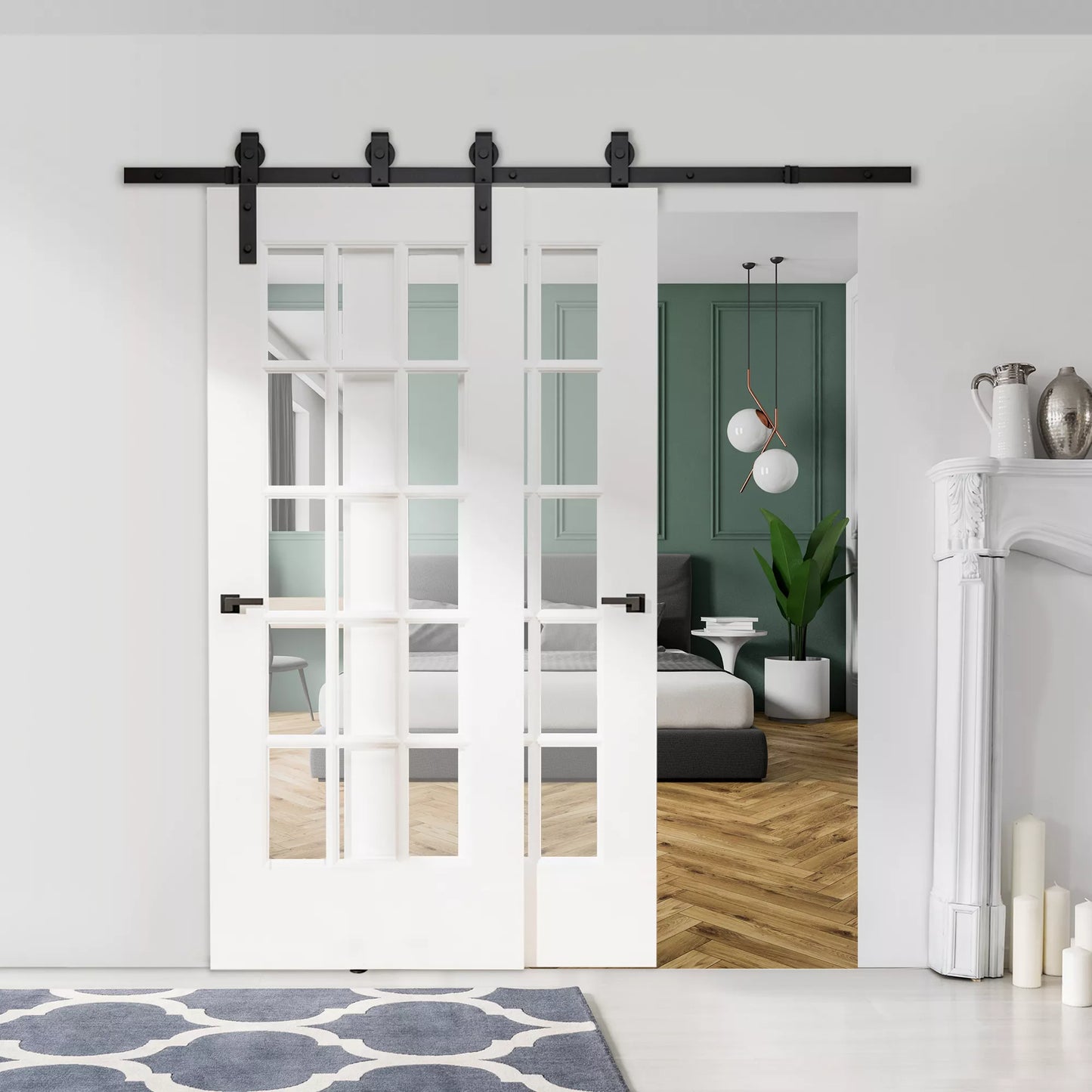 200 cm Stumdomųjų durų pilnas komplektas: stumdomųjų durų furnitūra, bėgiai, sistema medinėms stumdomosioms durims